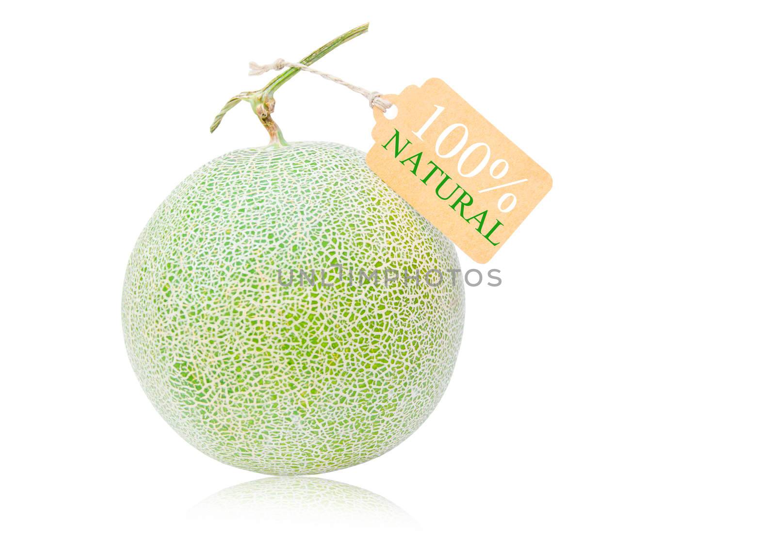 Big fresh Melon and tag on white background. 100% Natural