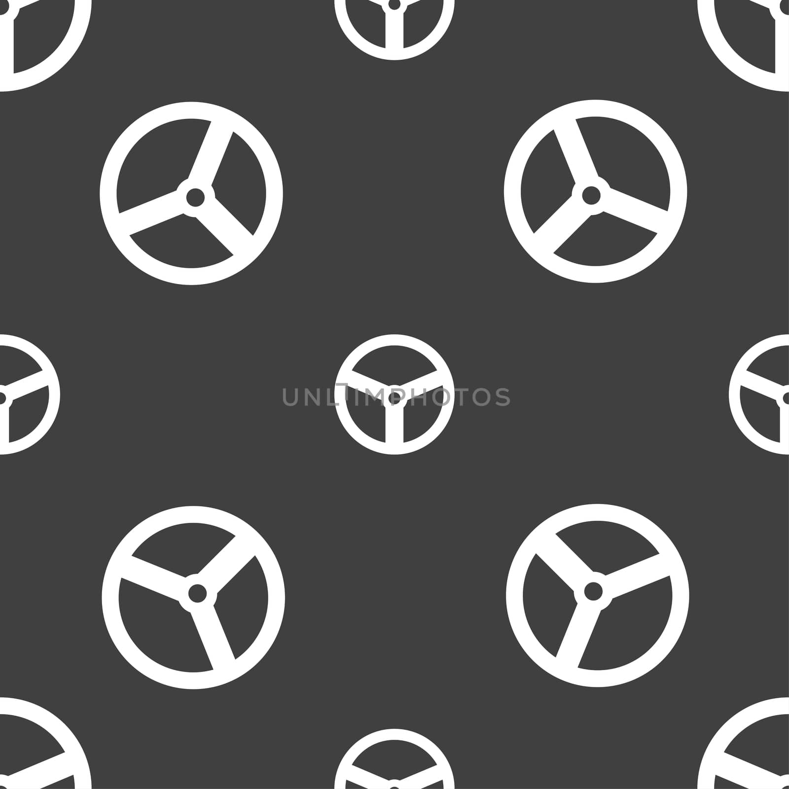 Steering wheel icon sign. Seamless pattern on a gray background.  by serhii_lohvyniuk