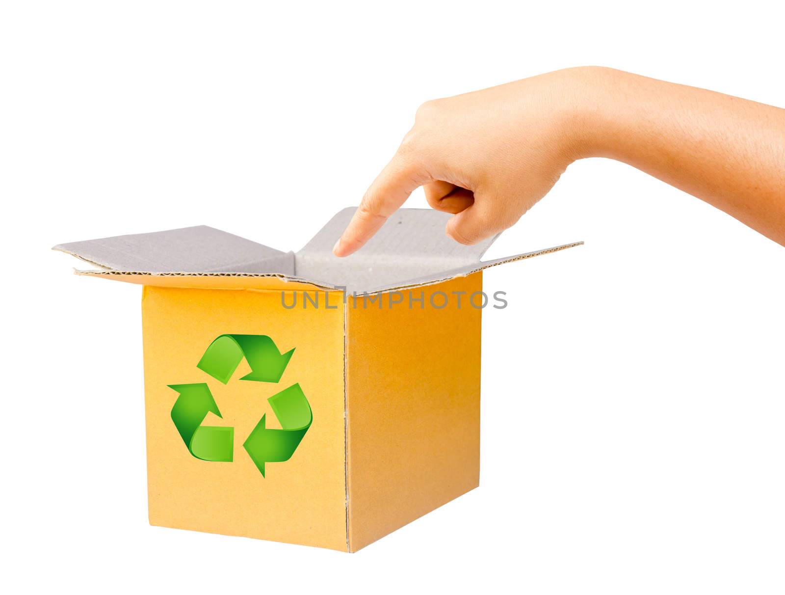 Boxes made of corrugated cardboard and hand with sign recycle, clipping path.