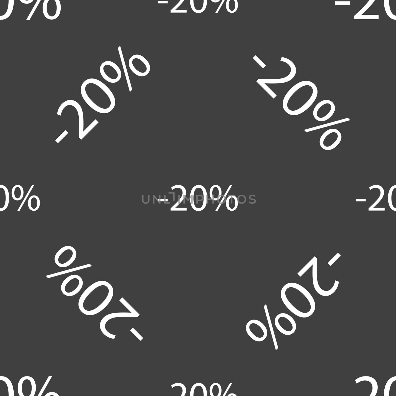 20 percent discount sign icon. Sale symbol. Special offer label. Seamless pattern on a gray background.  by serhii_lohvyniuk