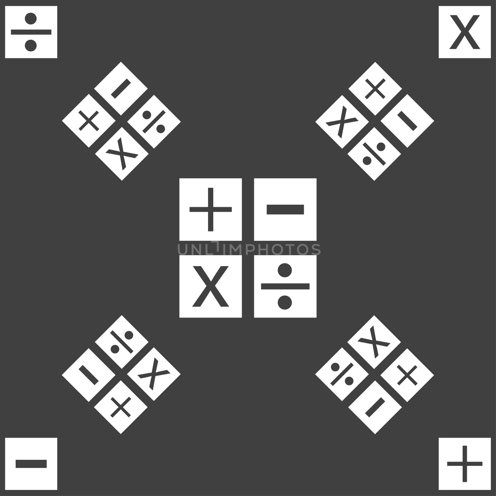 Multiplication, division, plus, minus icon Math symbol Mathematics. Seamless pattern on a gray background. illustration