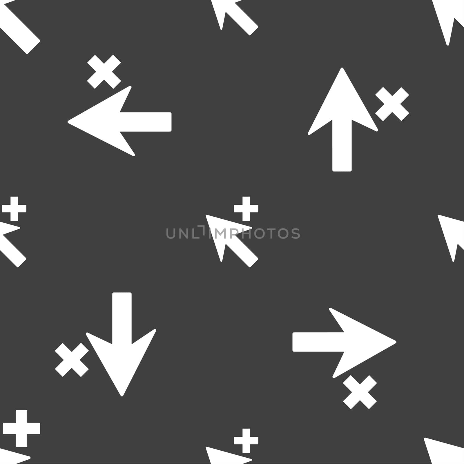 Cursor, arrow plus, add icon sign. Seamless pattern on a gray background. illustration