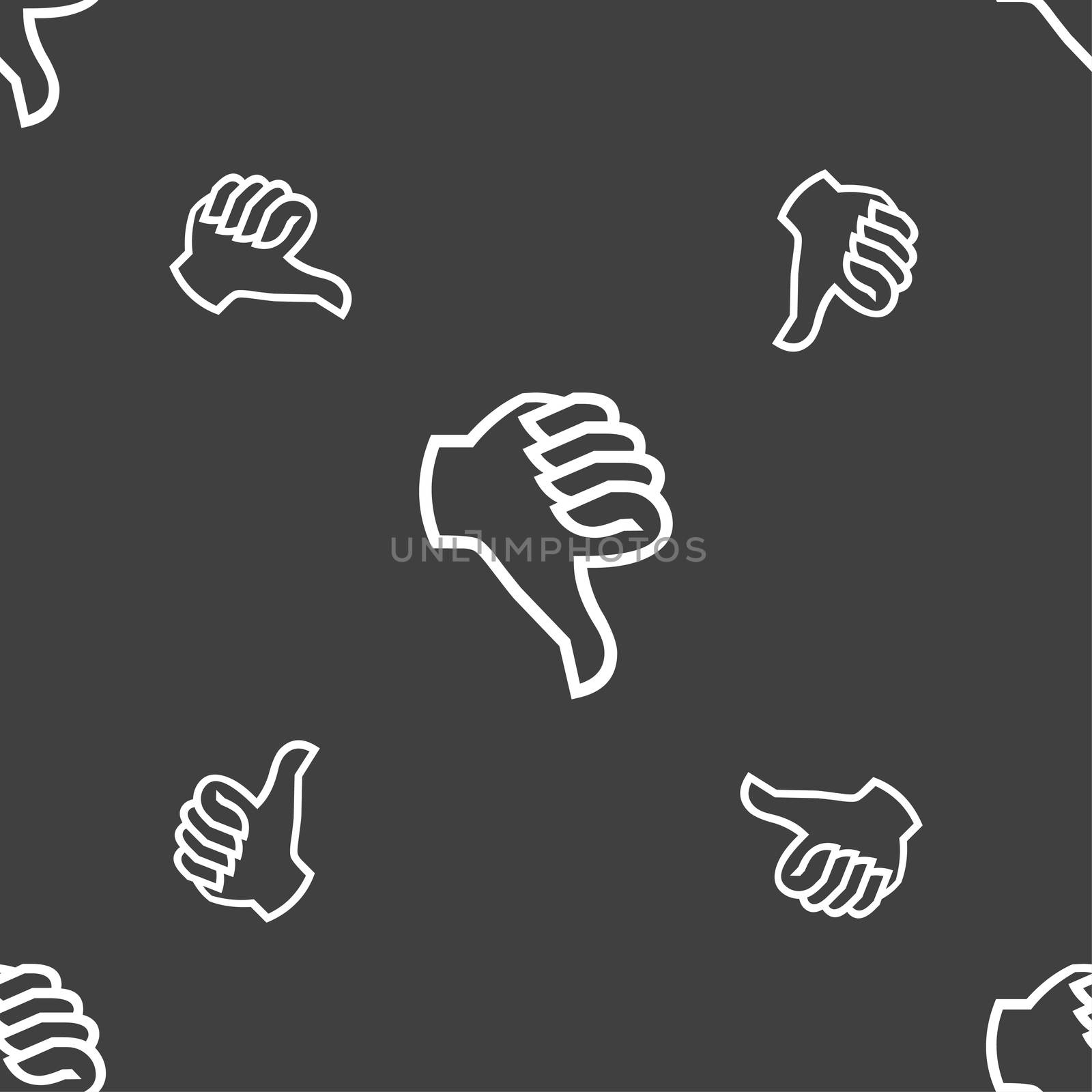 Dislike sign icon. Thumb down sign. Hand finger down symbol. Seamless pattern on a gray background. illustration