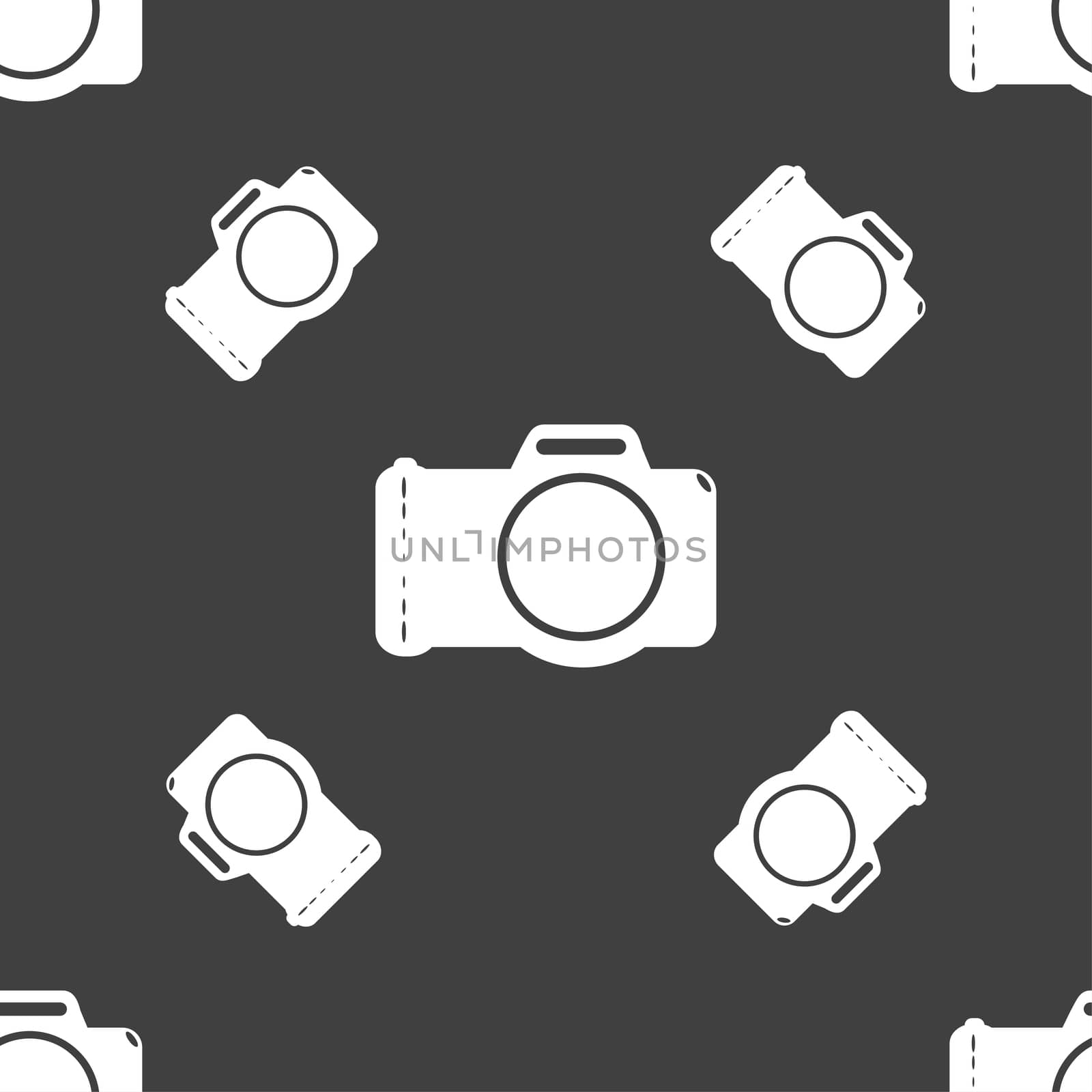 Photo camera sign icon. Digital photo camera symbol. Seamless pattern on a gray background.  by serhii_lohvyniuk