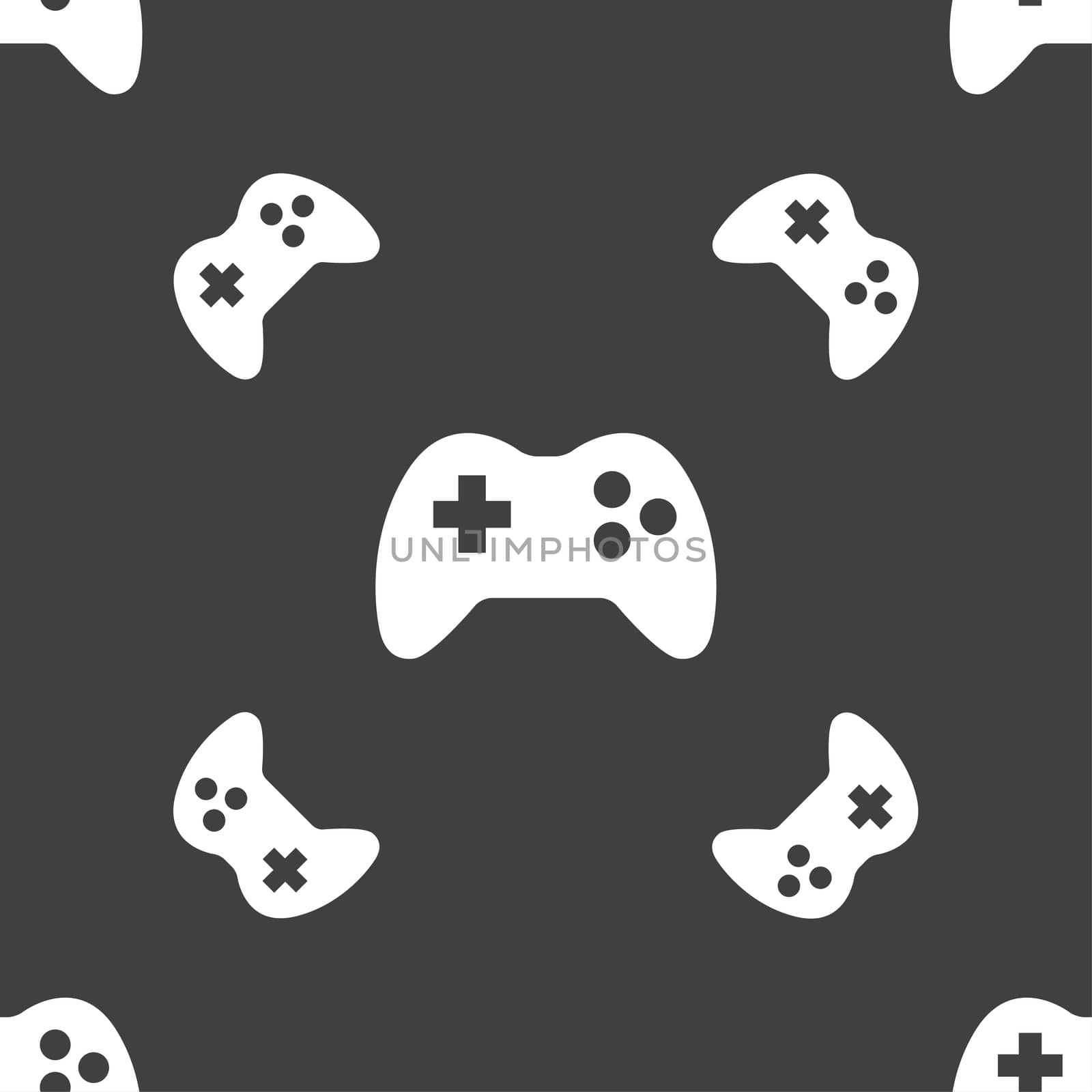 Joystick sign icon. Video game symbol. Seamless pattern on a gray background.  by serhii_lohvyniuk