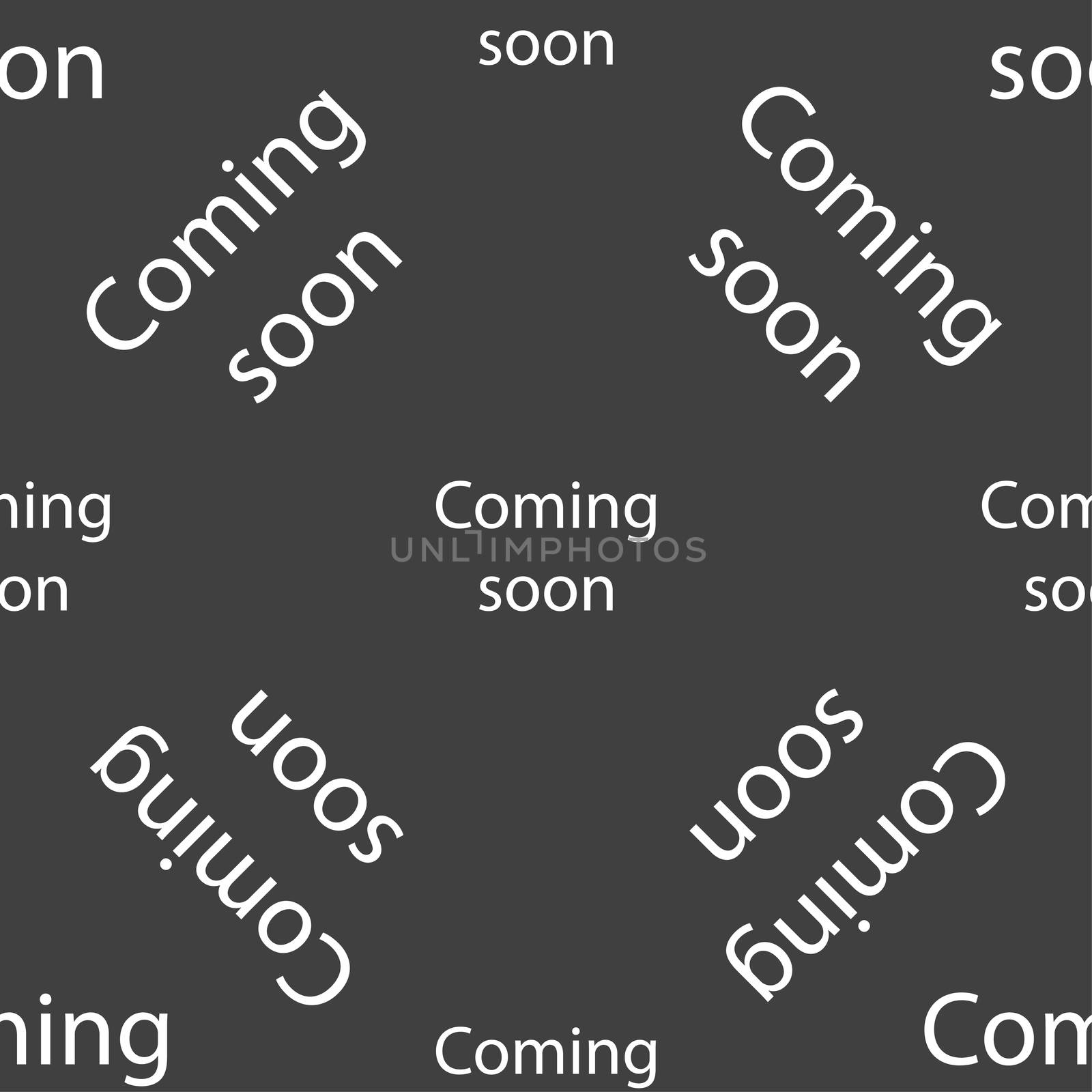 Coming soon sign icon. Promotion announcement symbol. Seamless pattern on a gray background.  by serhii_lohvyniuk