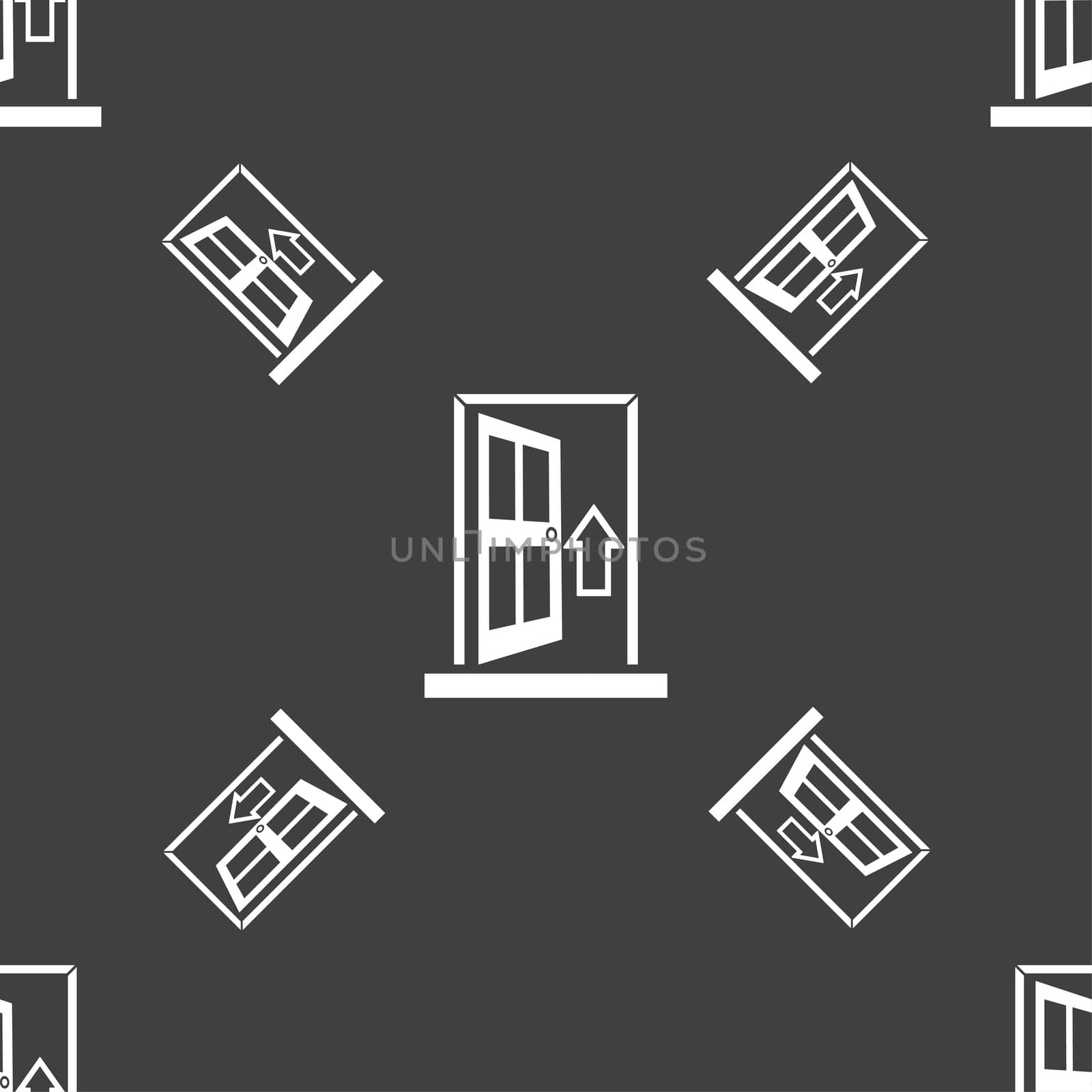 Door, Enter or exit icon sign. Seamless pattern on a gray background. illustration