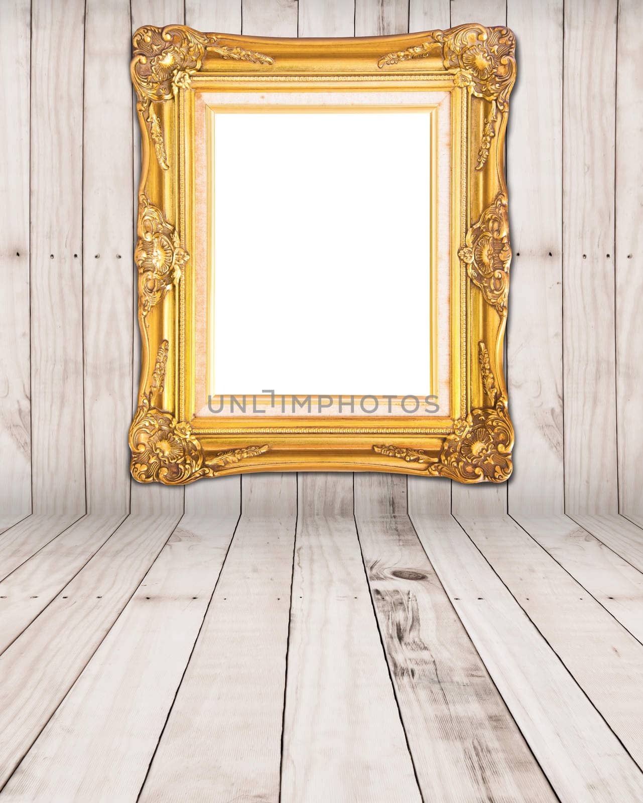 Gold vintage photo frame on wood room