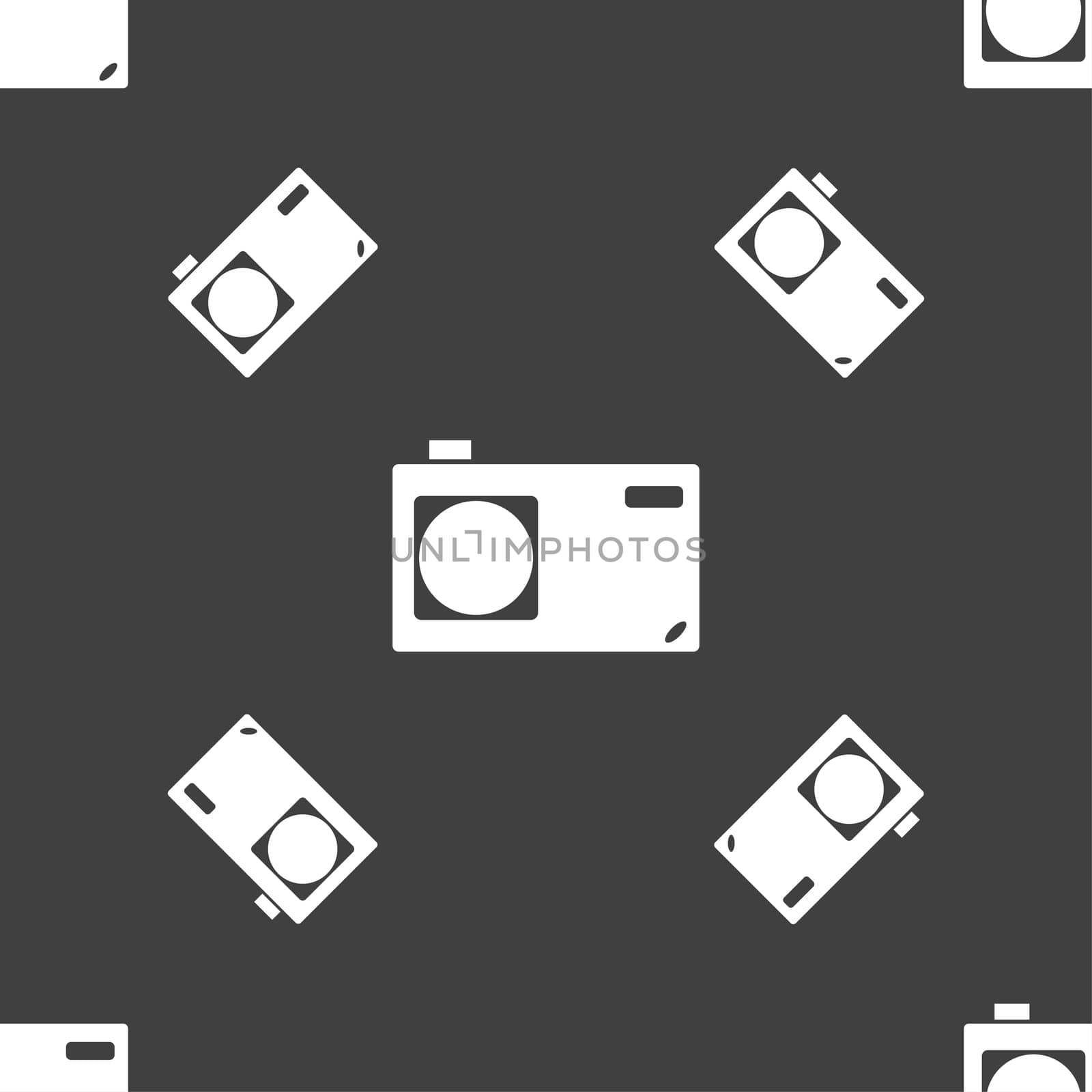 Photo camera sign icon. Digital symbol. Seamless pattern on a gray background.  by serhii_lohvyniuk