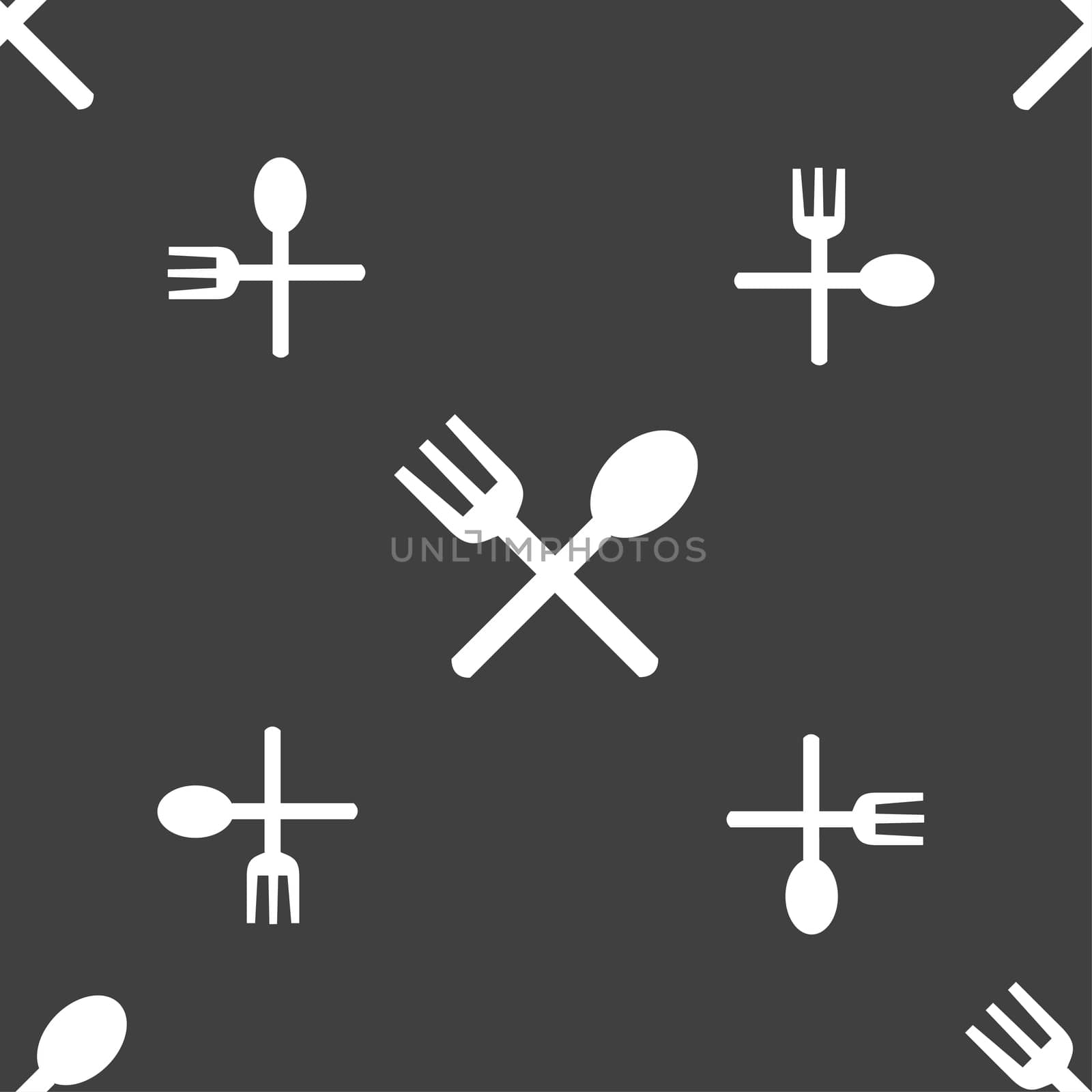 Fork and spoon crosswise, Cutlery, Eat icon sign. Seamless pattern on a gray background.  by serhii_lohvyniuk