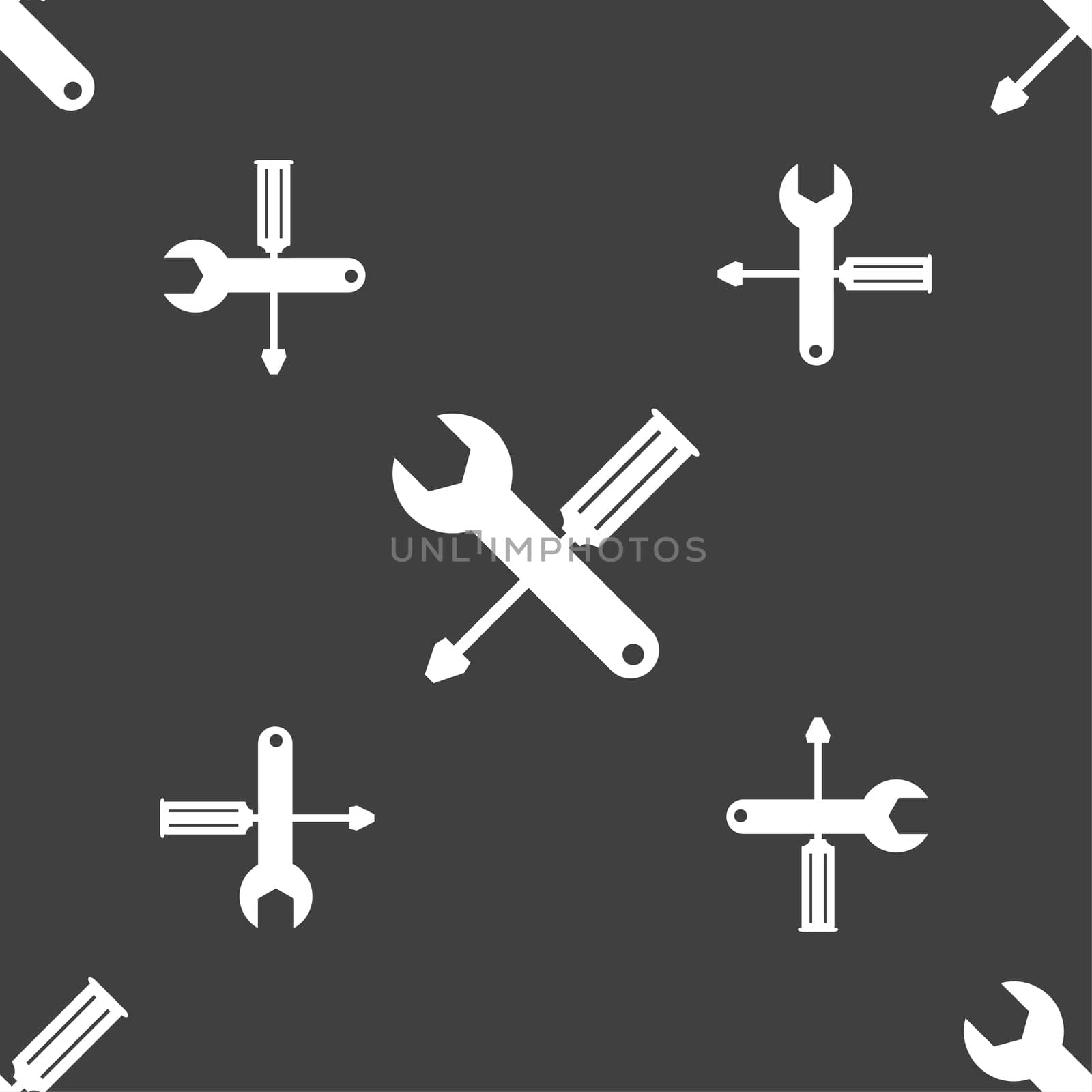 Repair tool sign icon. Service symbol. screwdriver with wrench. Seamless pattern on a gray background.  by serhii_lohvyniuk