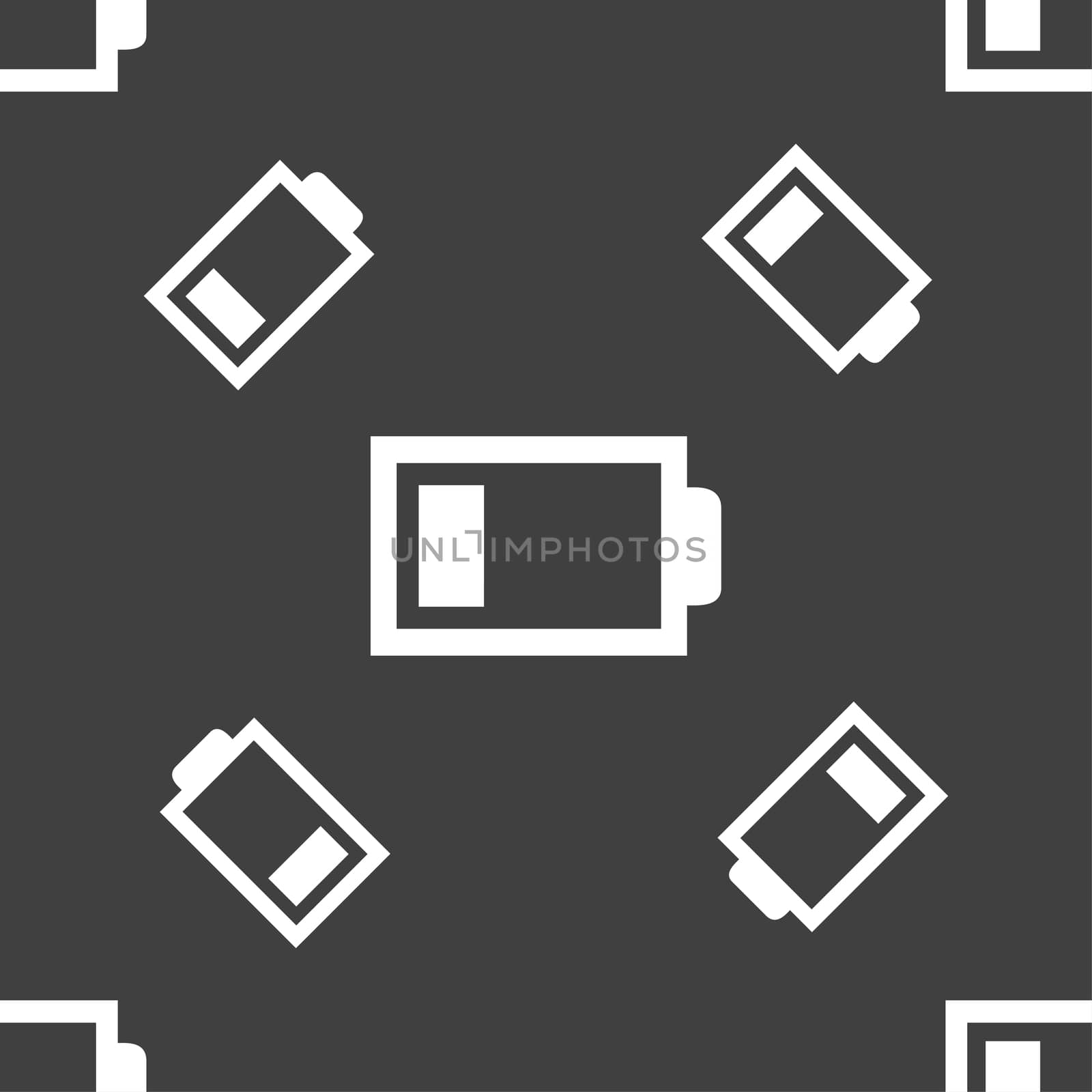 Battery low level sign icon. Electricity symbol. Seamless pattern on a gray background. illustration