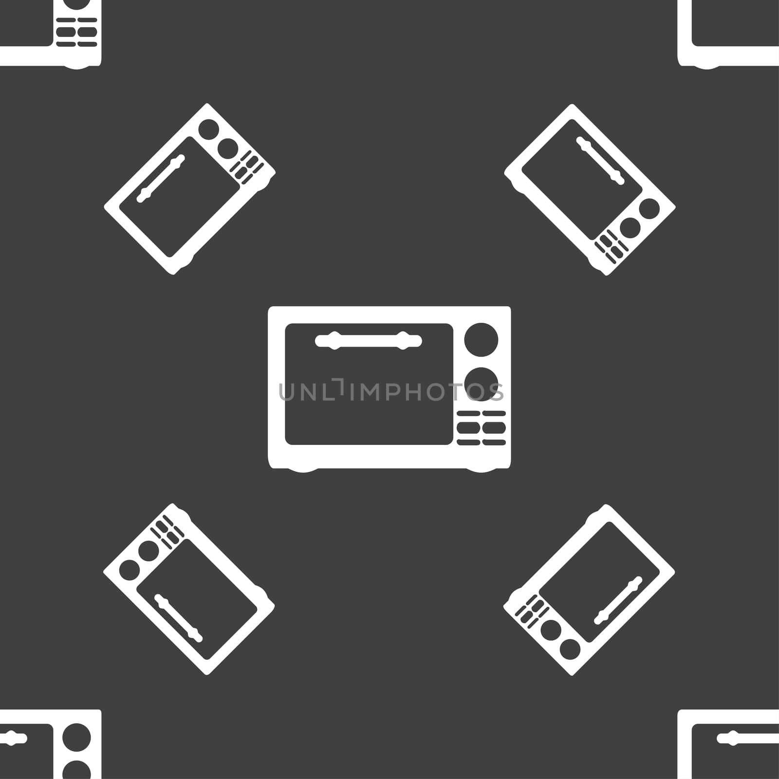 Microwave oven sign icon. Kitchen electric stove symbol. Seamless pattern on a gray background. illustration
