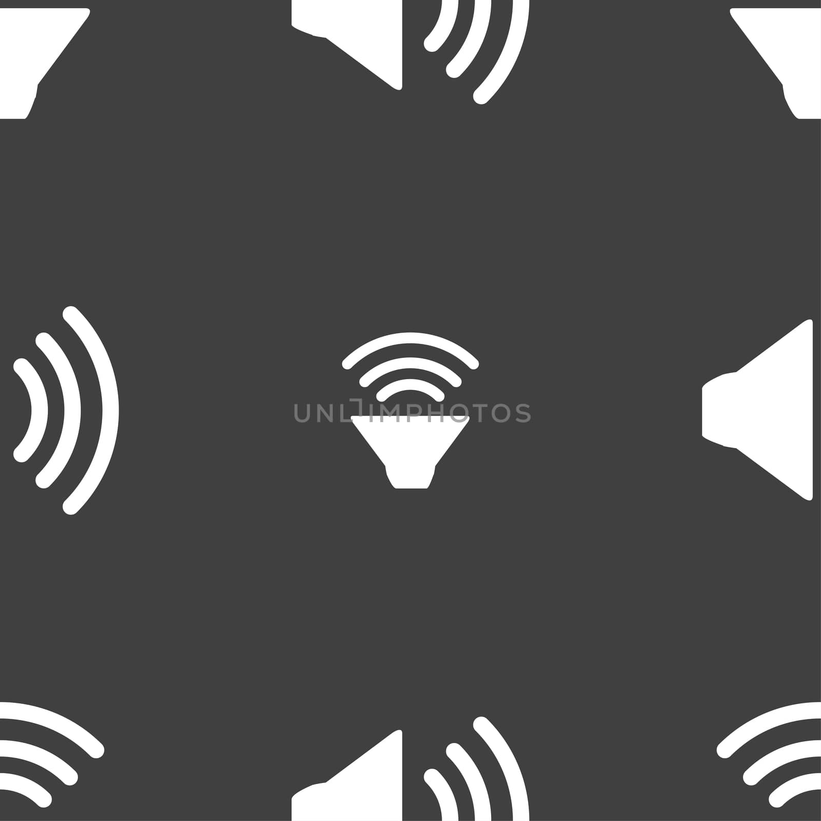 Speaker volume sign icon. Sound symbol. Seamless pattern on a gray background. illustration