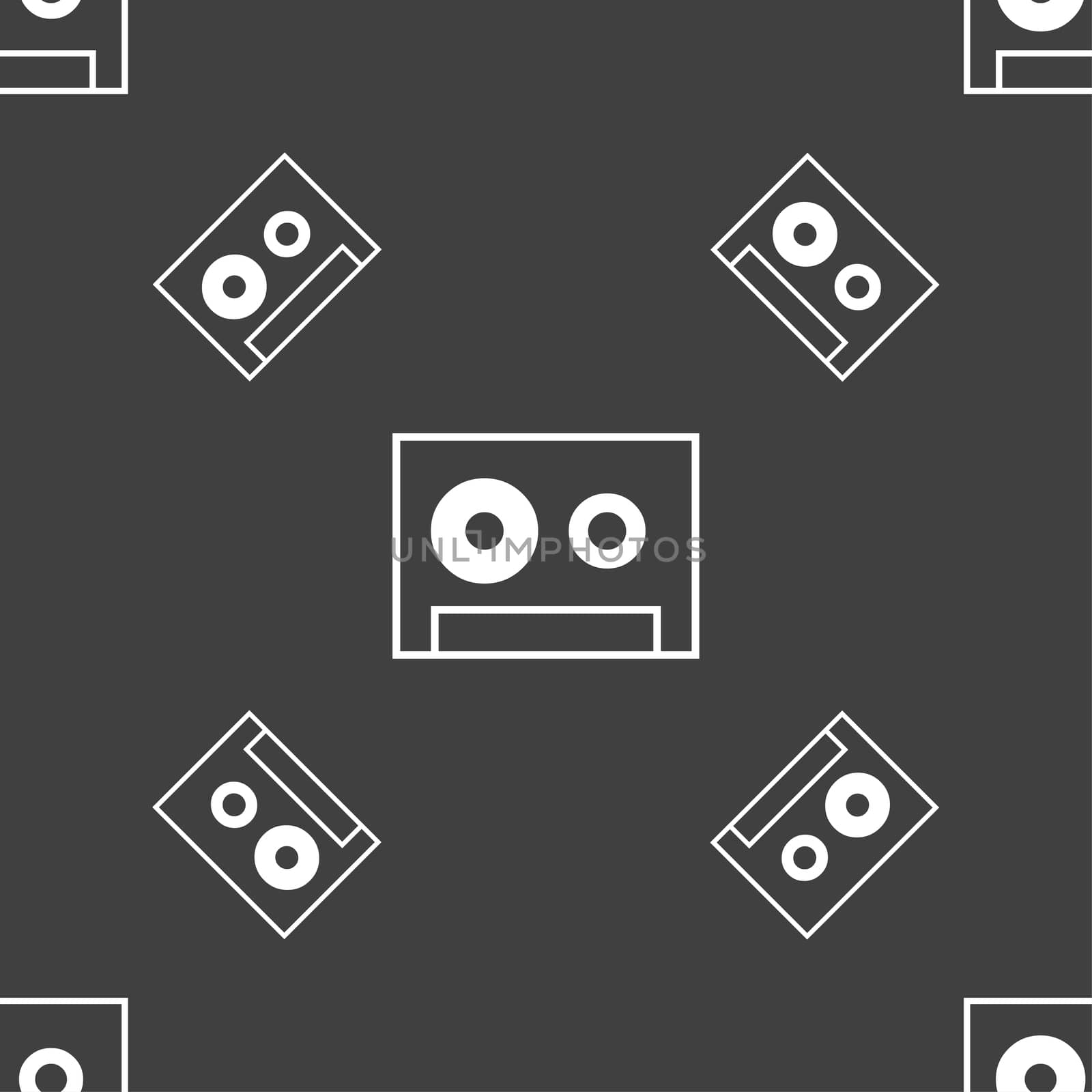 cassette sign icon. Audiocassette symbol. Seamless pattern on a gray background.  by serhii_lohvyniuk