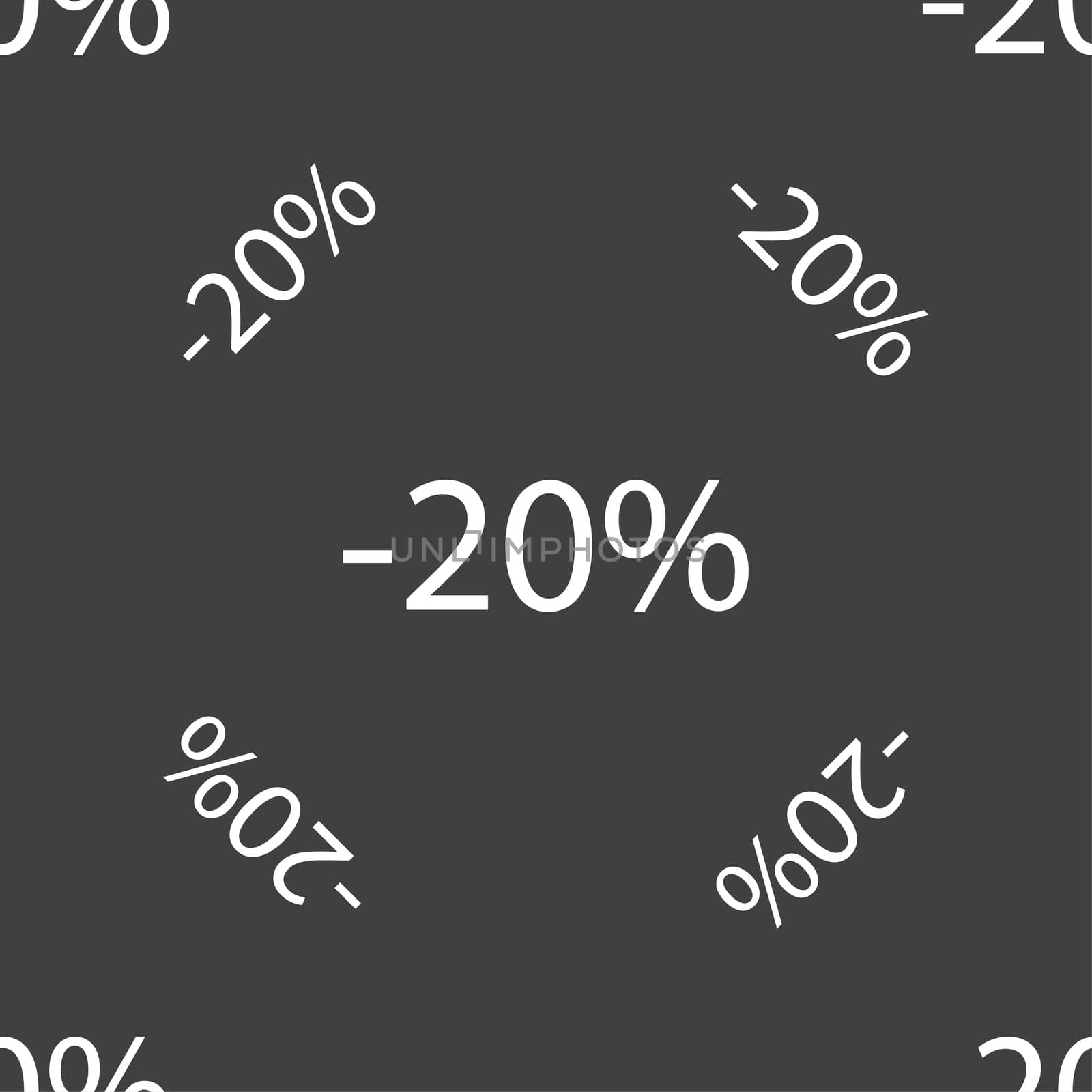 20 percent discount sign icon. Sale symbol. Special offer label. Seamless pattern on a gray background. illustration