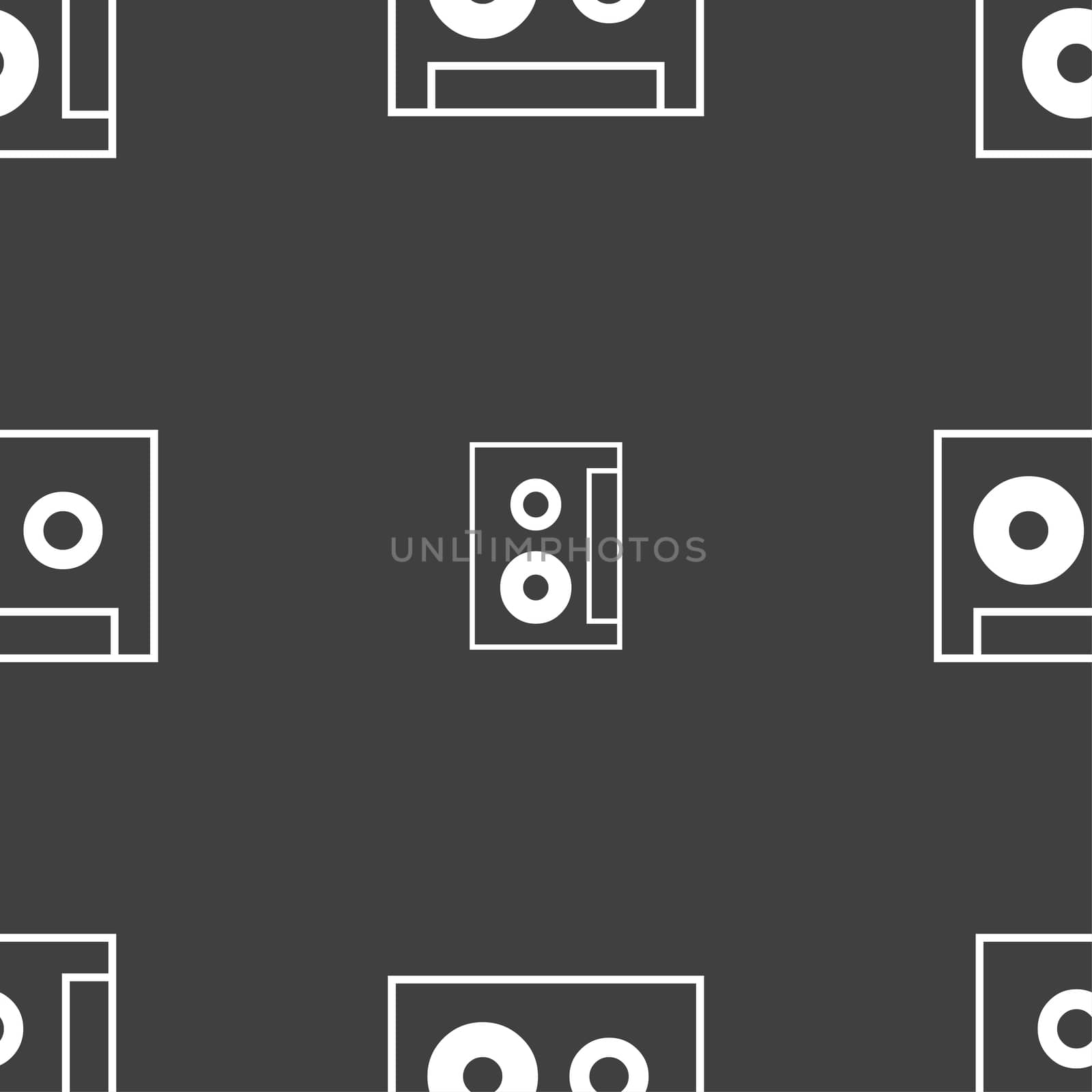 cassette sign icon. Audiocassette symbol. Seamless pattern on a gray background.  by serhii_lohvyniuk