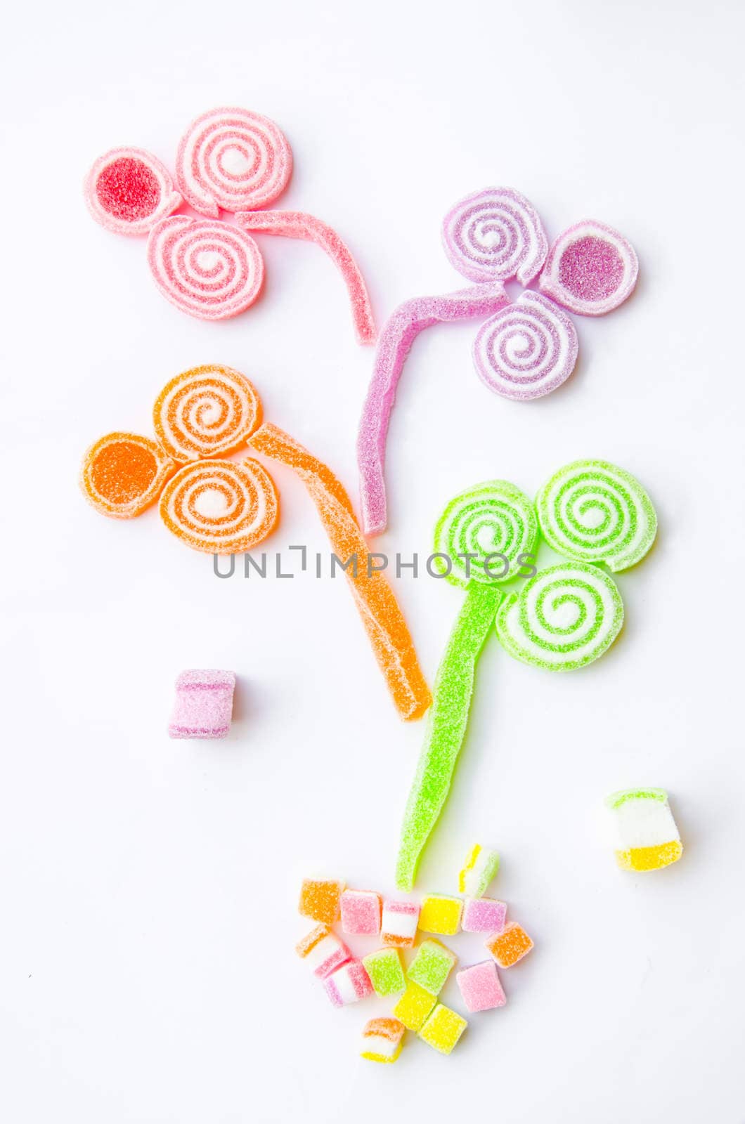 Jelly sugar candies on white background