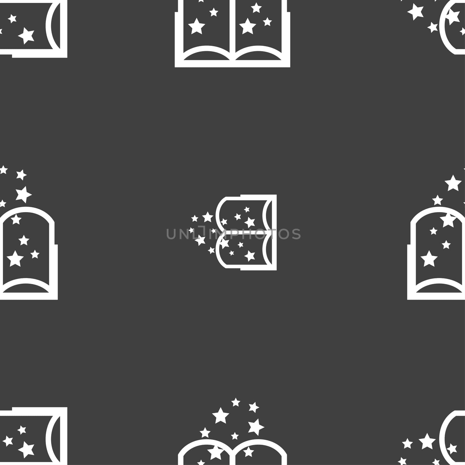 Magic Book sign icon. Open book symbol. Seamless pattern on a gray background.  by serhii_lohvyniuk