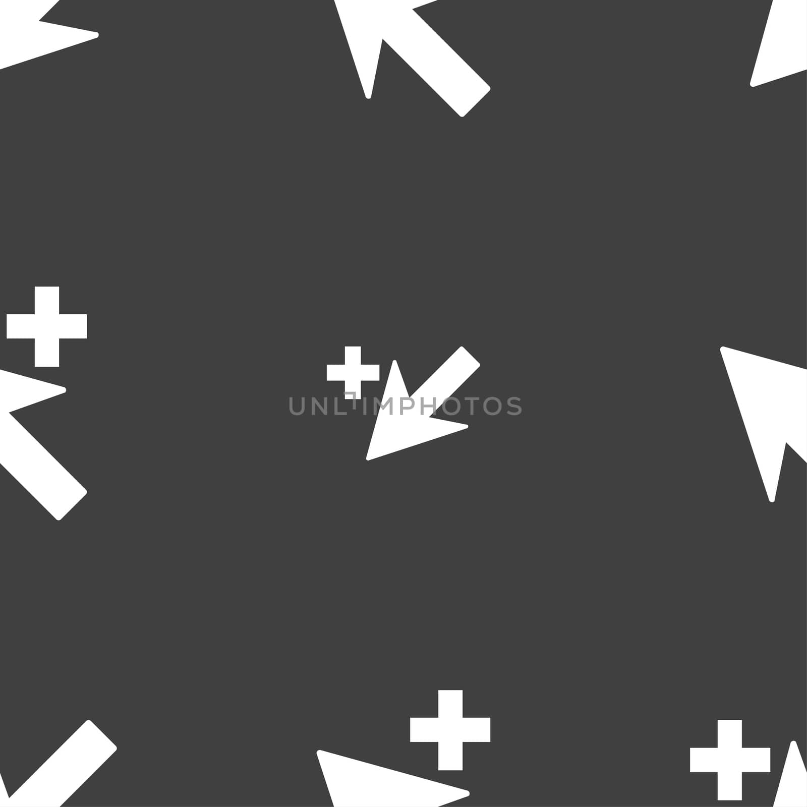 Cursor, arrow plus, add icon sign. Seamless pattern on a gray background. illustration