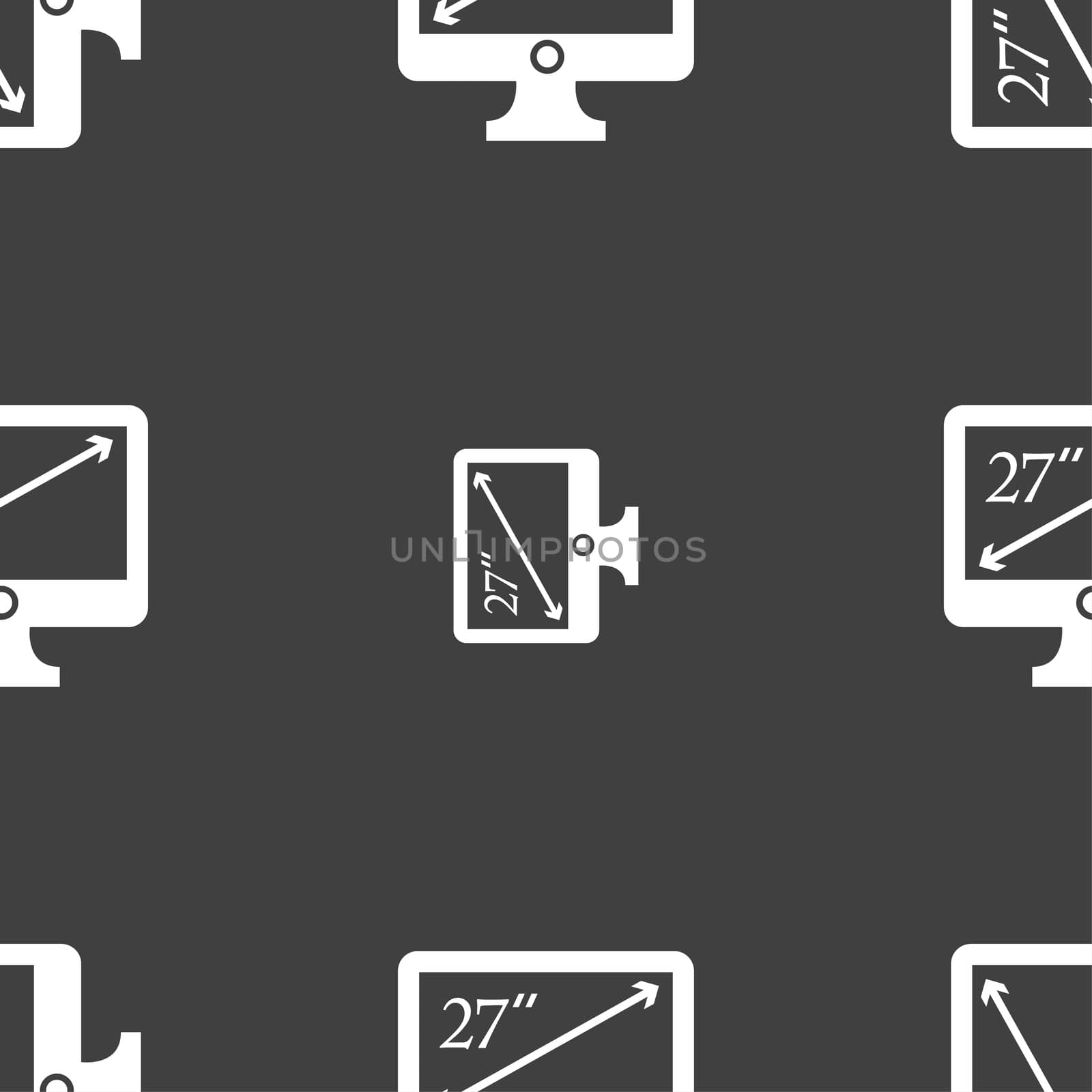 diagonal of the monitor 27 inches icon sign. Seamless pattern on a gray background. illustration