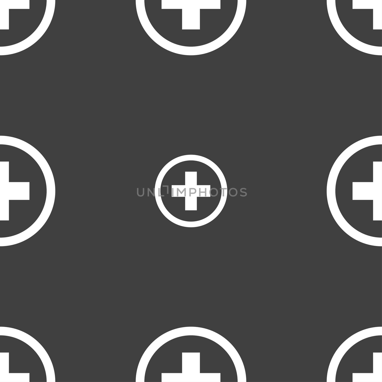 Plus sign icon. Positive symbol. Zoom in. Seamless pattern on a gray background. illustration