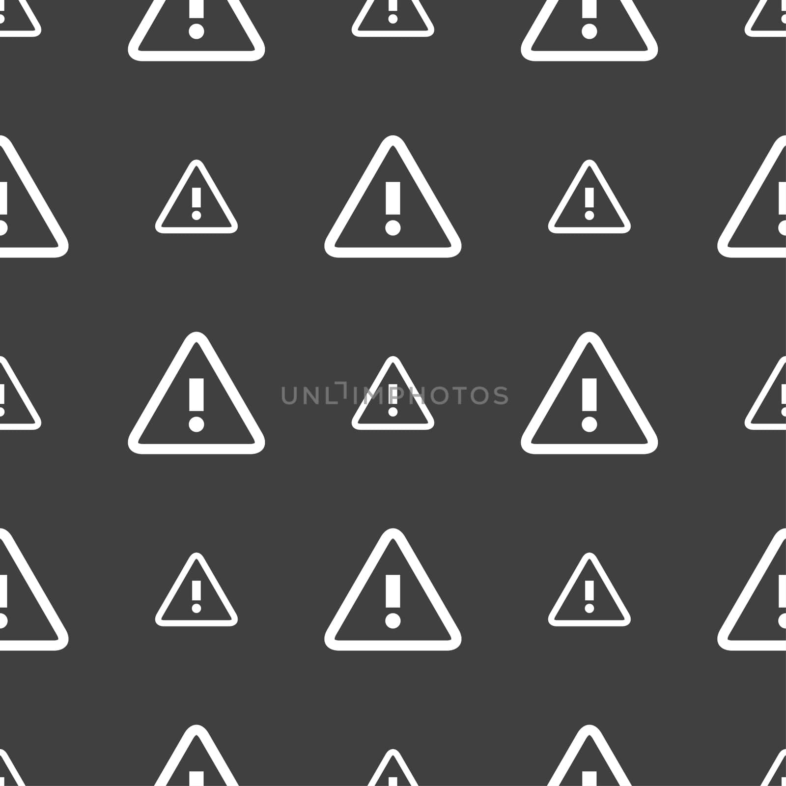 Attention caution sign icon. Exclamation mark. Hazard warning symbol. Seamless pattern on a gray background.  by serhii_lohvyniuk