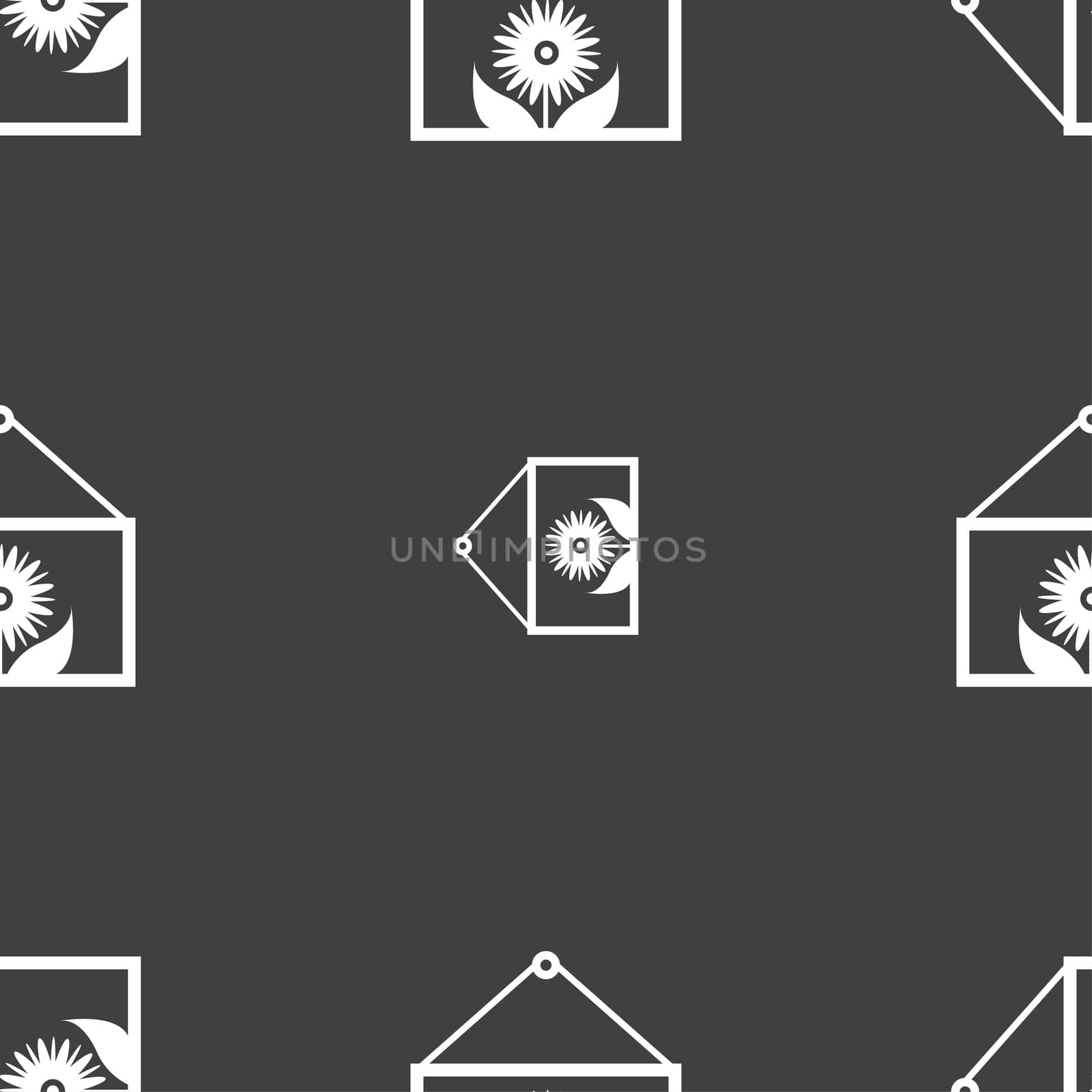 Frame with flower icon sign. Seamless pattern on a gray background. illustration