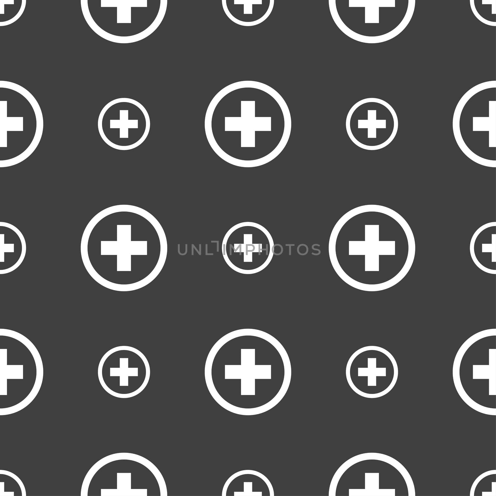 Plus sign icon. Positive symbol. Zoom in. Seamless pattern on a gray background.  by serhii_lohvyniuk