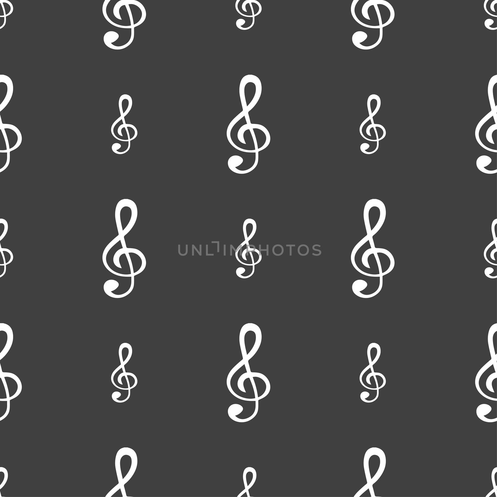 treble clef icon. Seamless pattern on a gray background.  by serhii_lohvyniuk