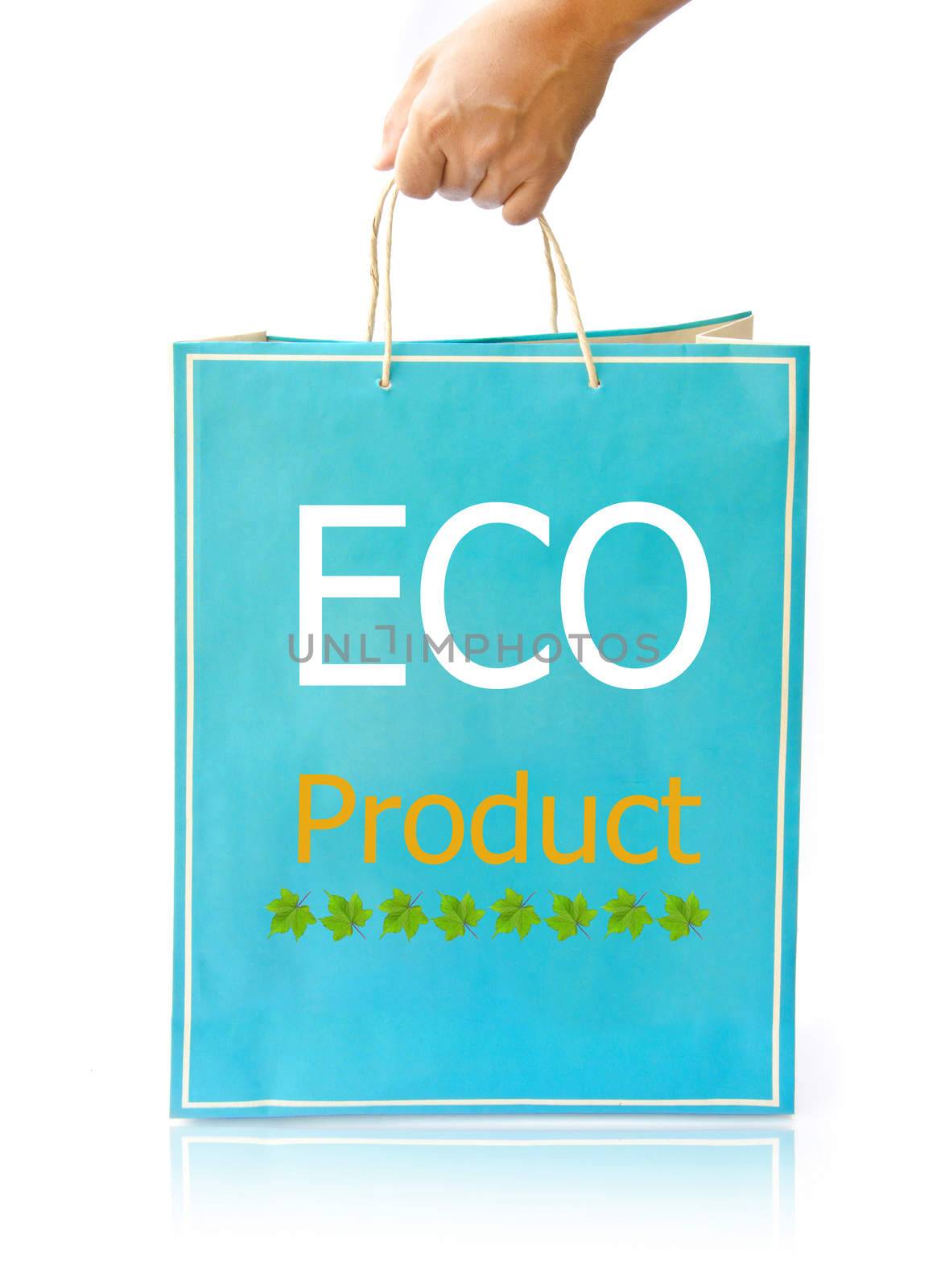 Hand hold paper shopping bag on reflect white floor. Eco Product
