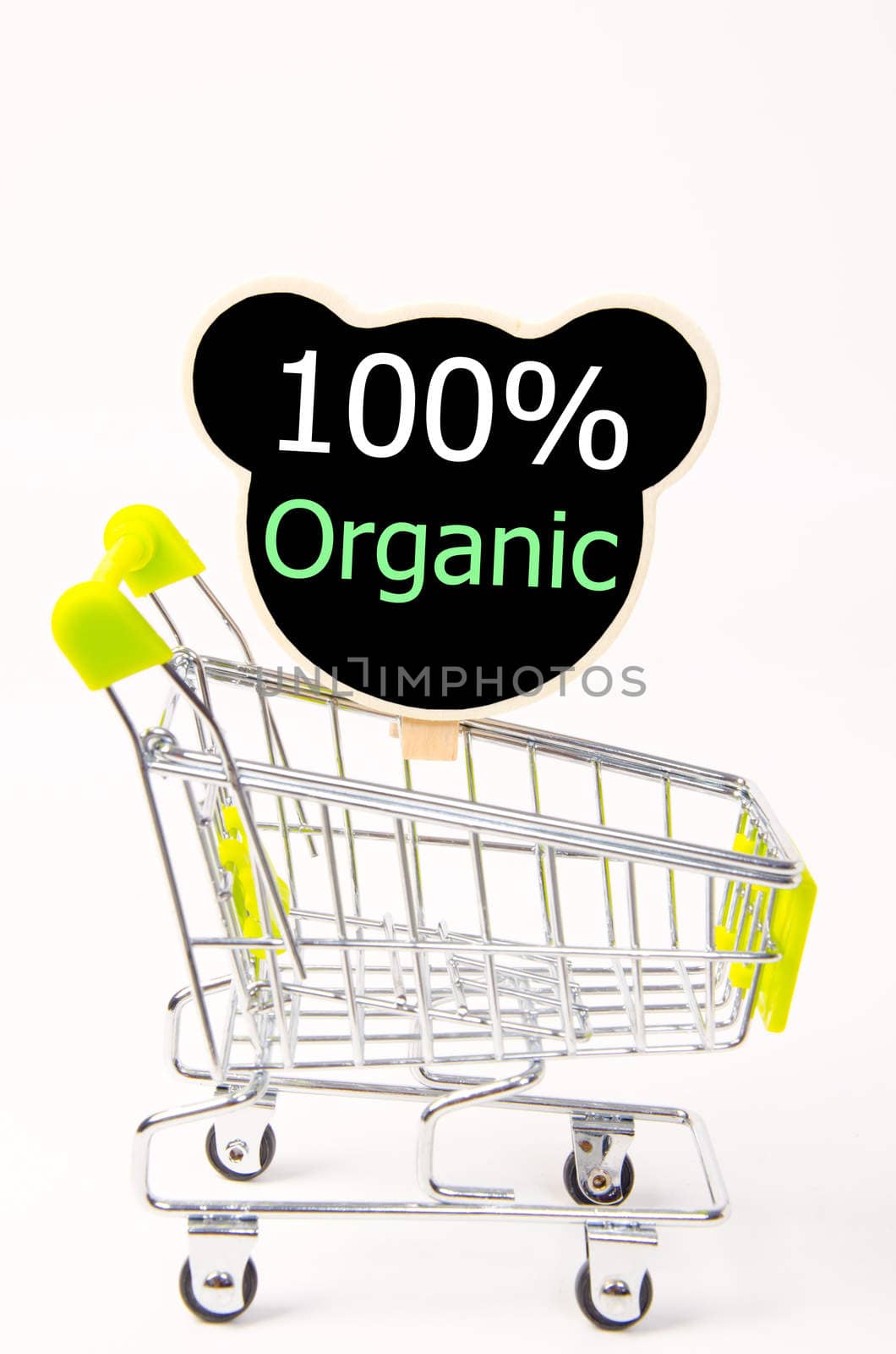 Black wood clip and shopping cart on white background.