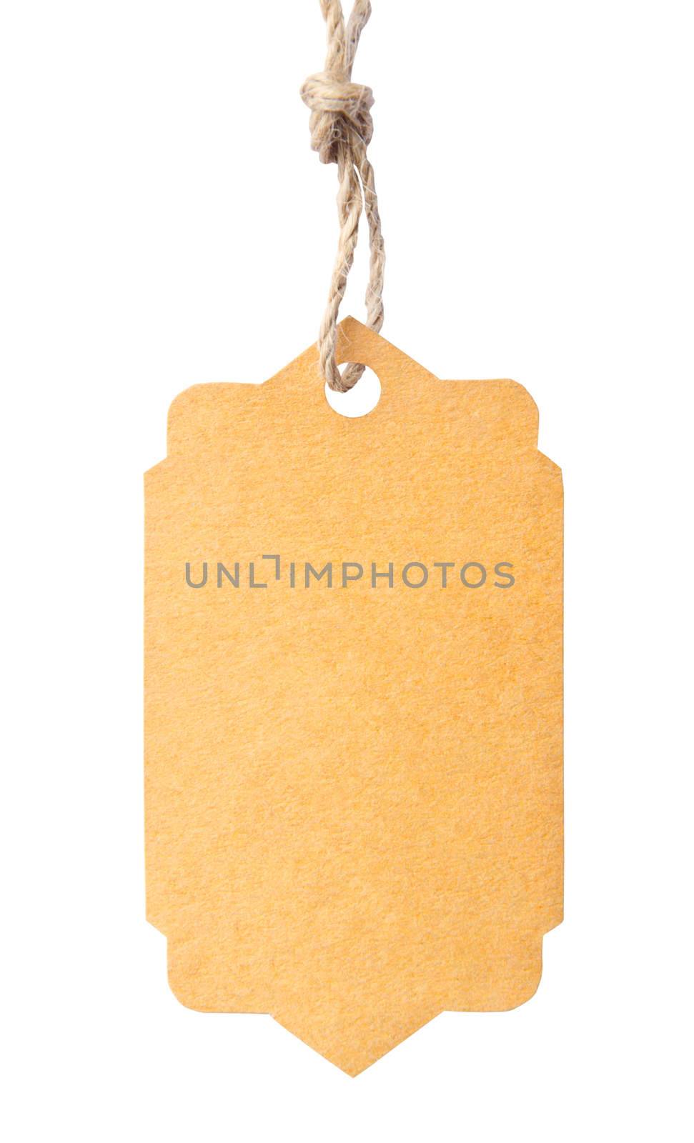 Blank tag tied with brown string isolated against a white backgr by Gamjai