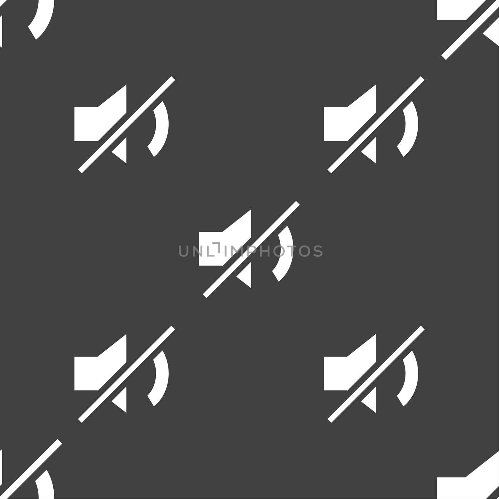 Mute speaker sign icon. Sound symbol. Seamless pattern on a gray background.  by serhii_lohvyniuk