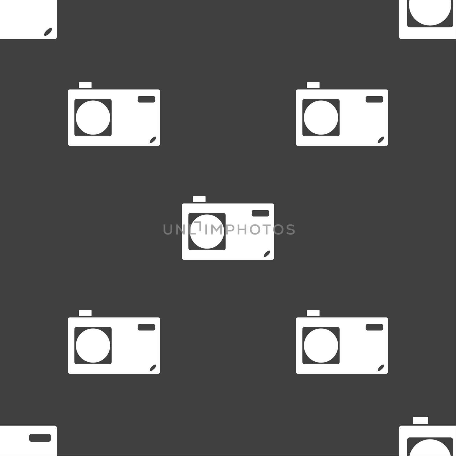 Photo camera sign icon. Digital symbol. Seamless pattern on a gray background. illustration