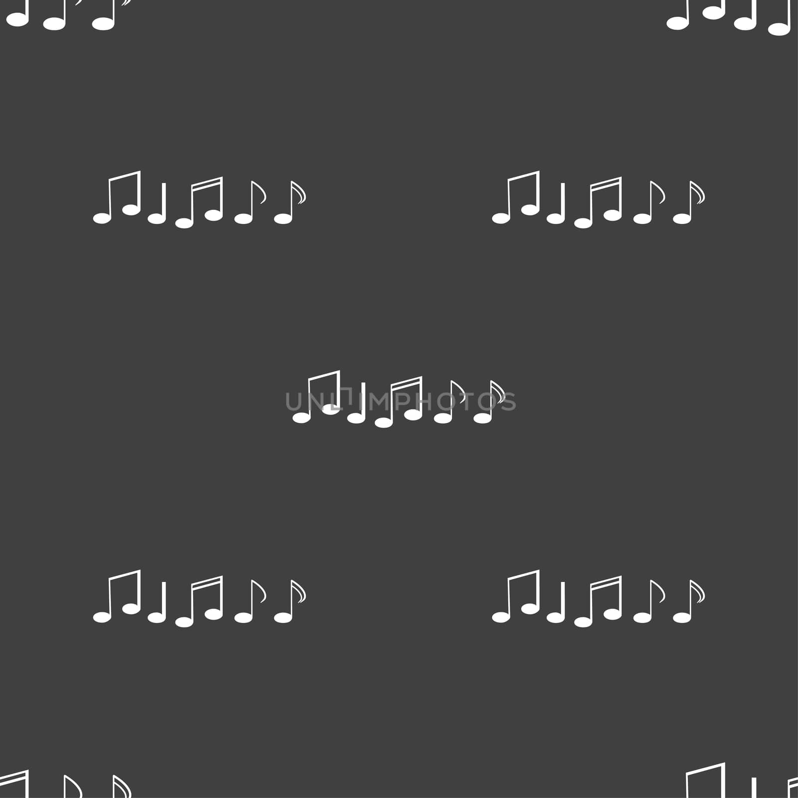 Music note sign icon. Musical symbol. Seamless pattern on a gray background. illustration