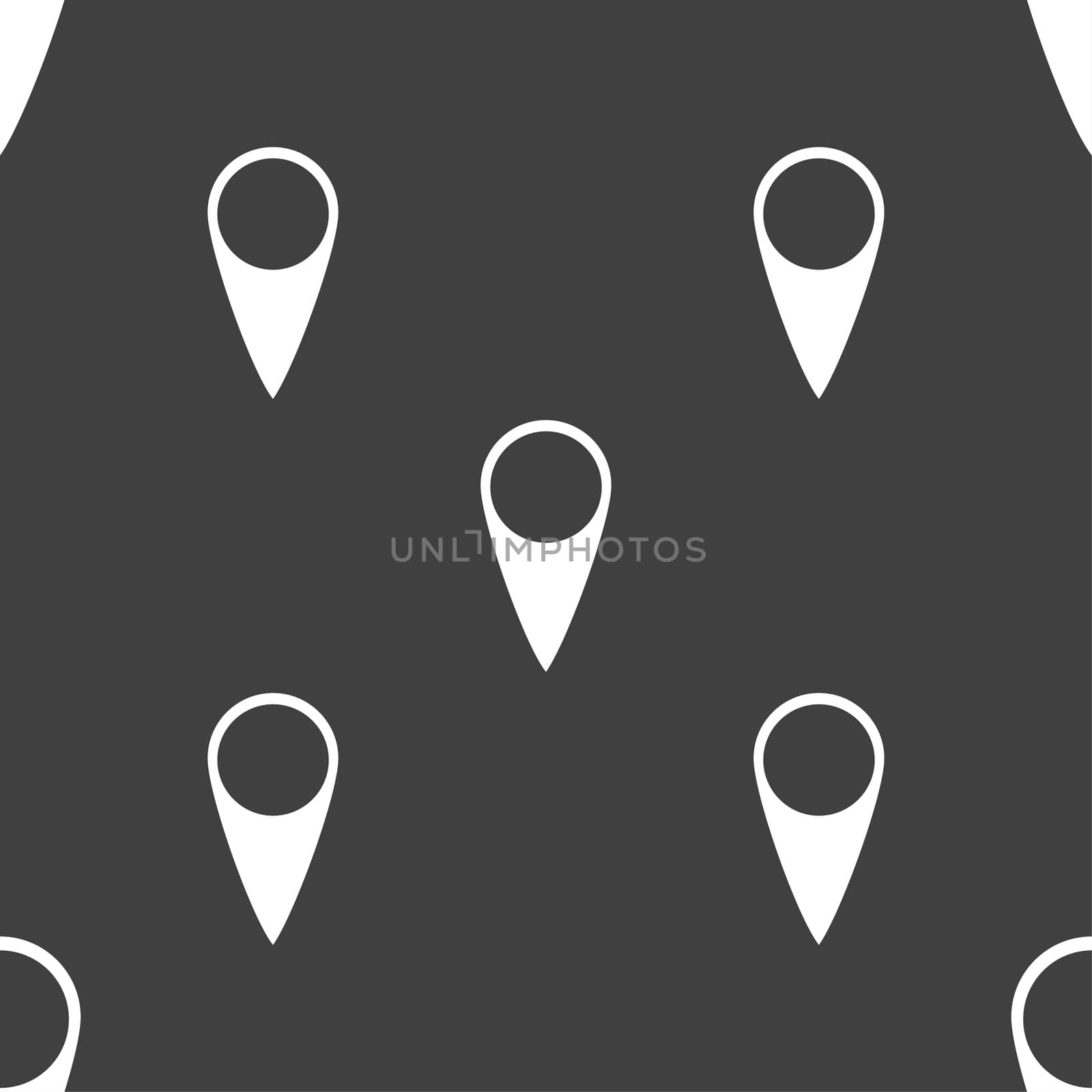 Map pointer icon. GPS location symbol. Seamless pattern on a gray background. illustration