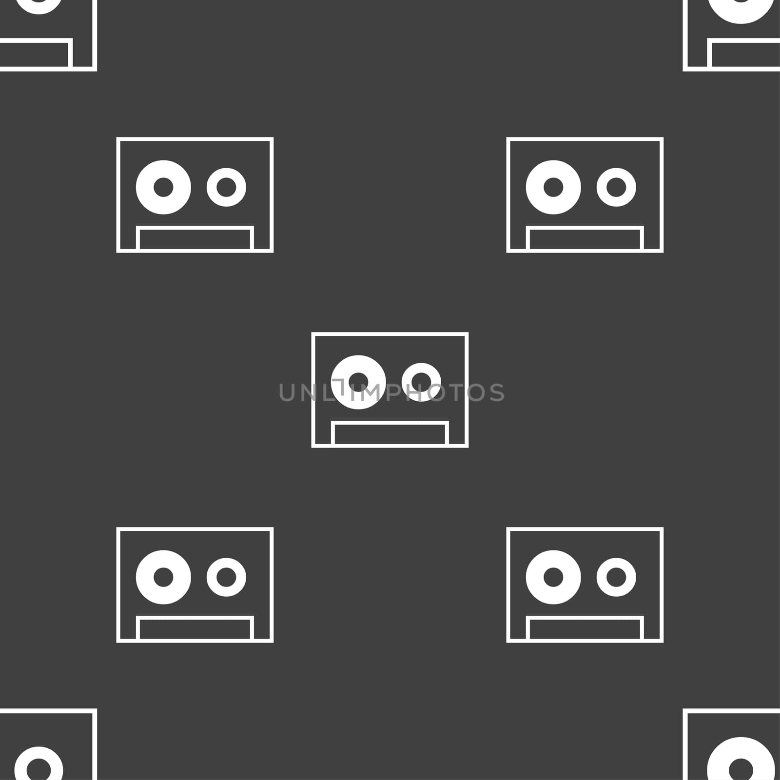 cassette sign icon. Audiocassette symbol. Seamless pattern on a gray background. illustration