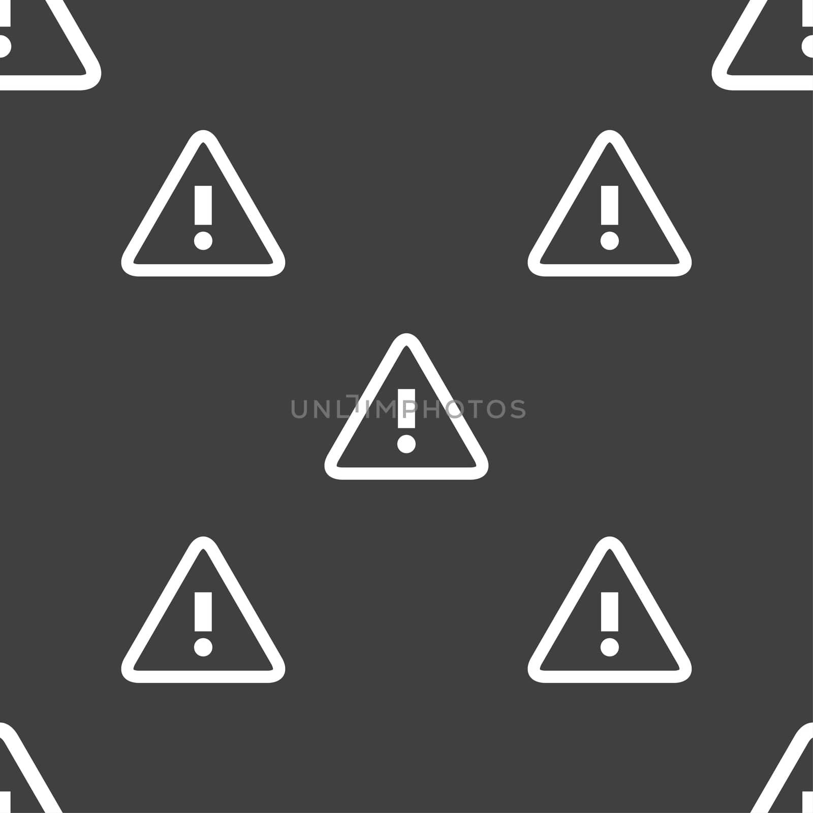 Attention caution sign icon. Exclamation mark. Hazard warning symbol. Seamless pattern on a gray background. illustration