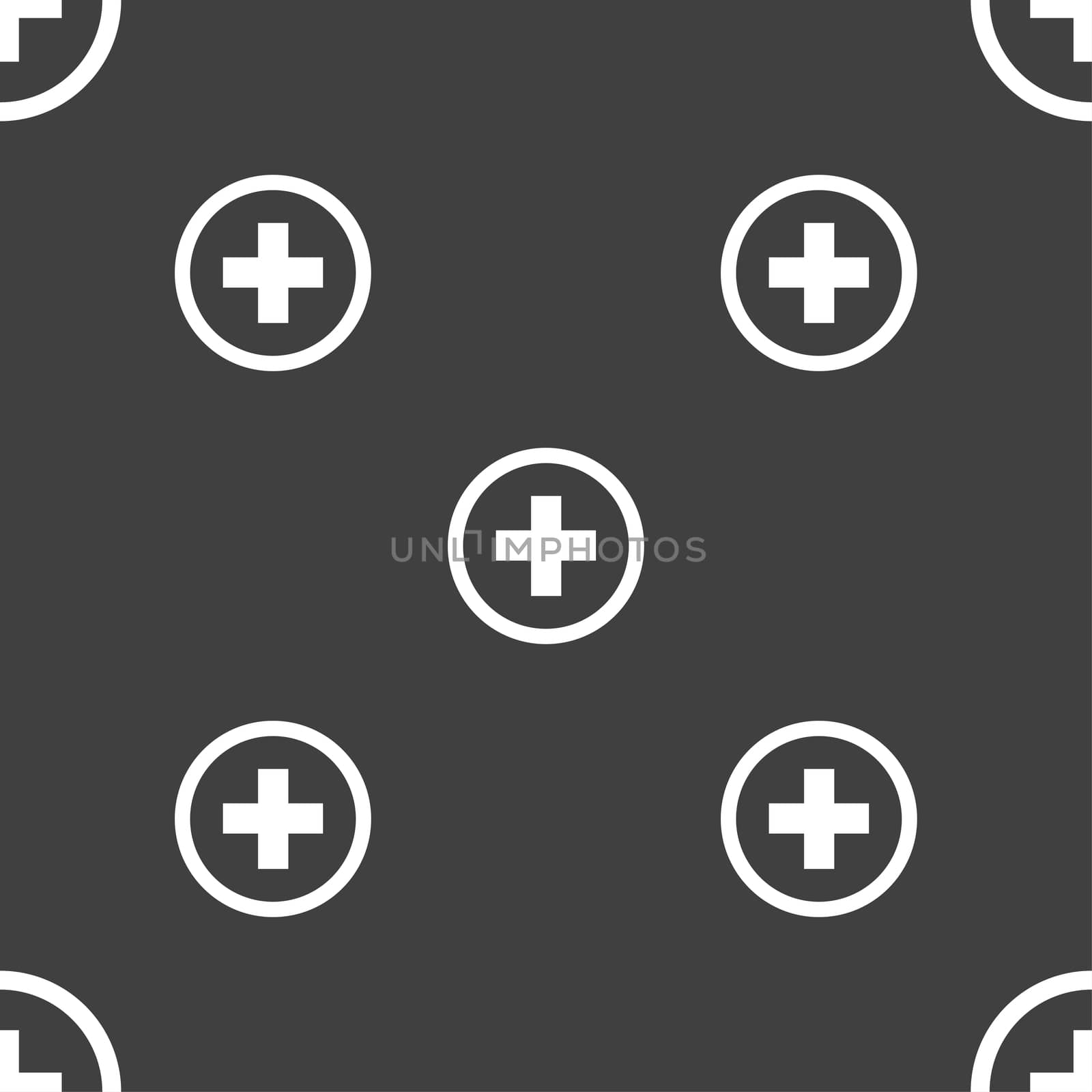 Plus, Positive, zoom icon sign. Seamless pattern on a gray background. illustration