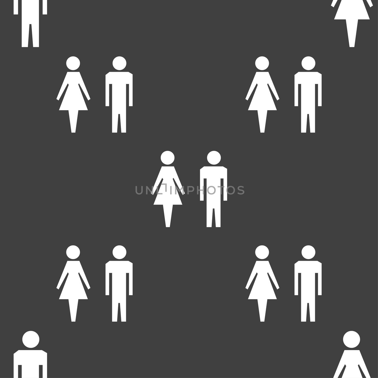 WC sign icon. Toilet symbol. Male and Female toilet. Seamless pattern on a gray background. illustration