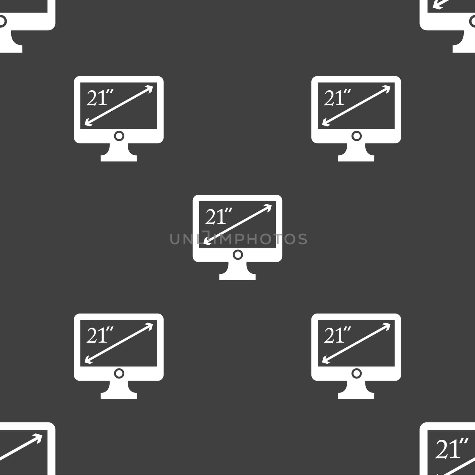 diagonal of the monitor 21 inches icon sign. Seamless pattern on a gray background. illustration