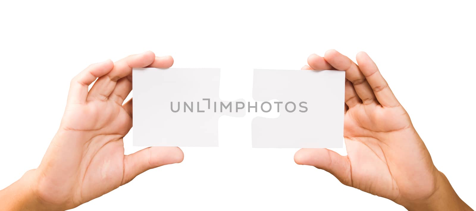 connection concept. hands with pieces of puzzle on white background, clipping path