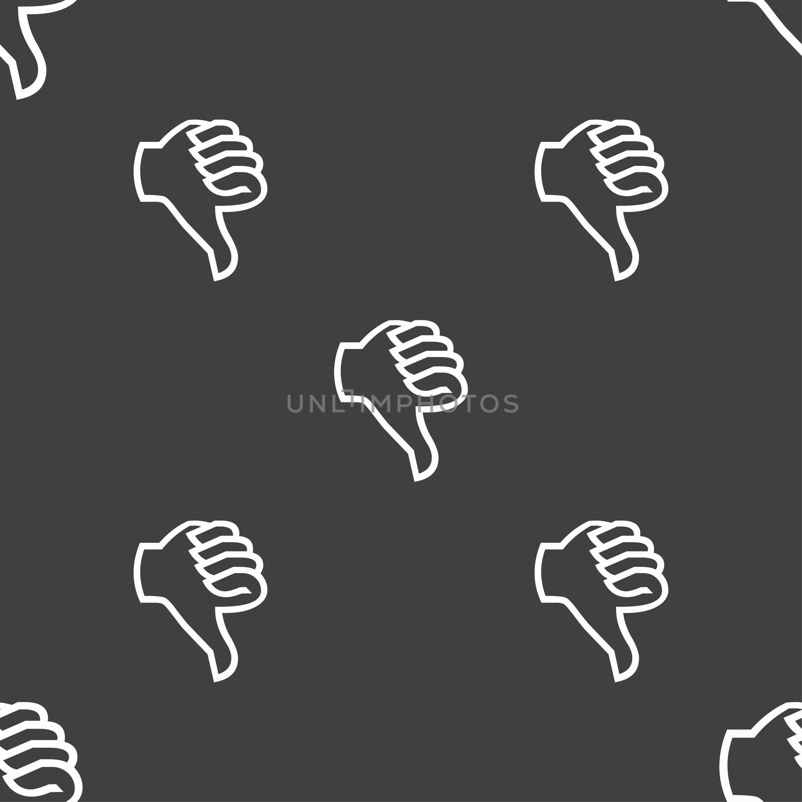 Dislike sign icon. Thumb down sign. Hand finger down symbol. Seamless pattern on a gray background. illustration