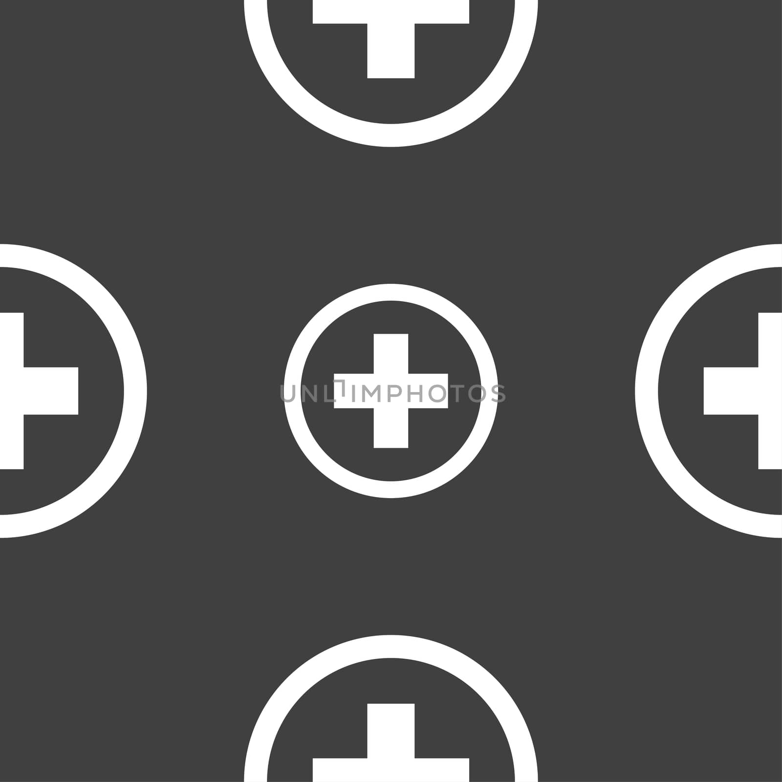Plus sign icon. Positive symbol. Zoom in. Seamless pattern on a gray background. illustration