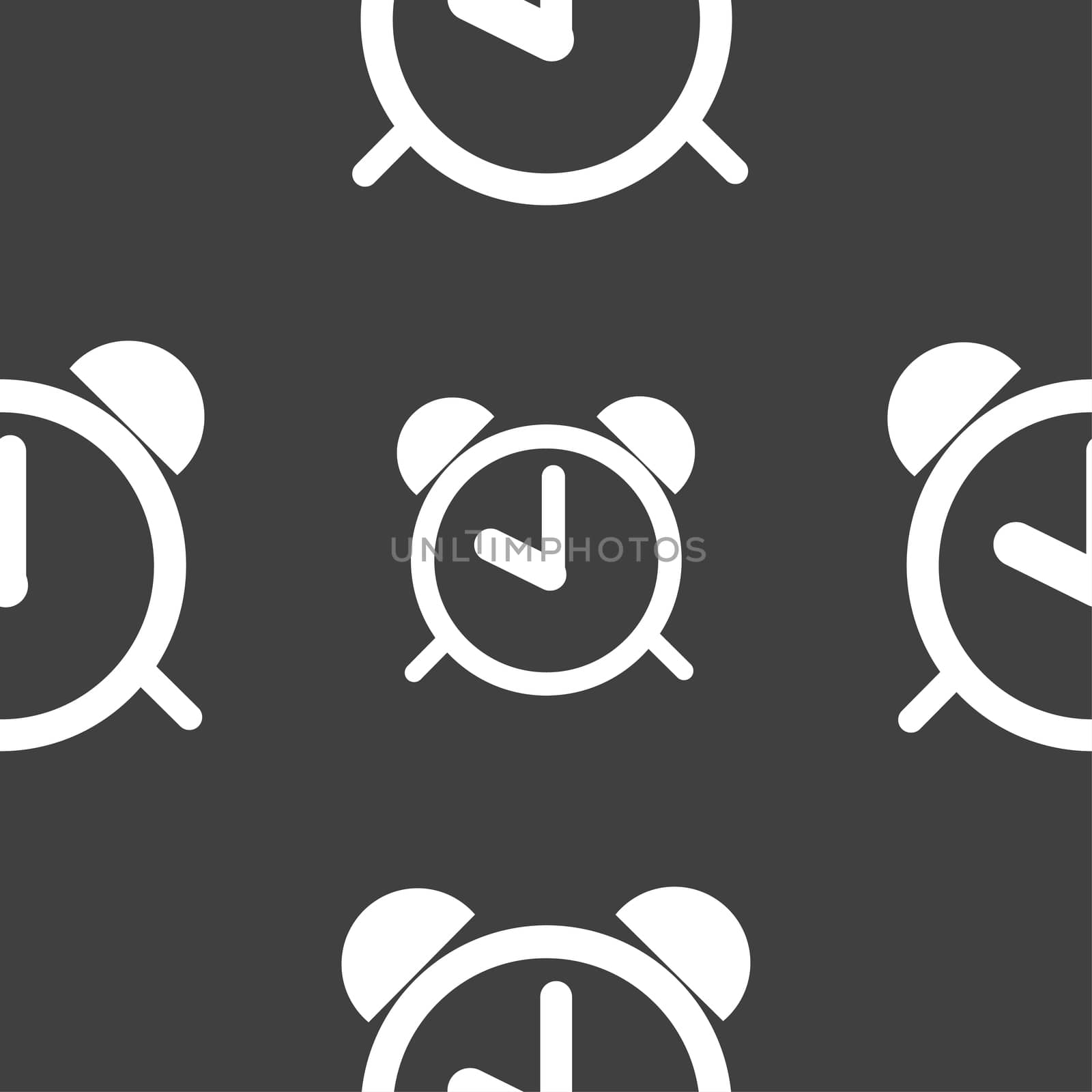Alarm clock sign icon. Wake up alarm symbol. Seamless pattern on a gray background.  by serhii_lohvyniuk