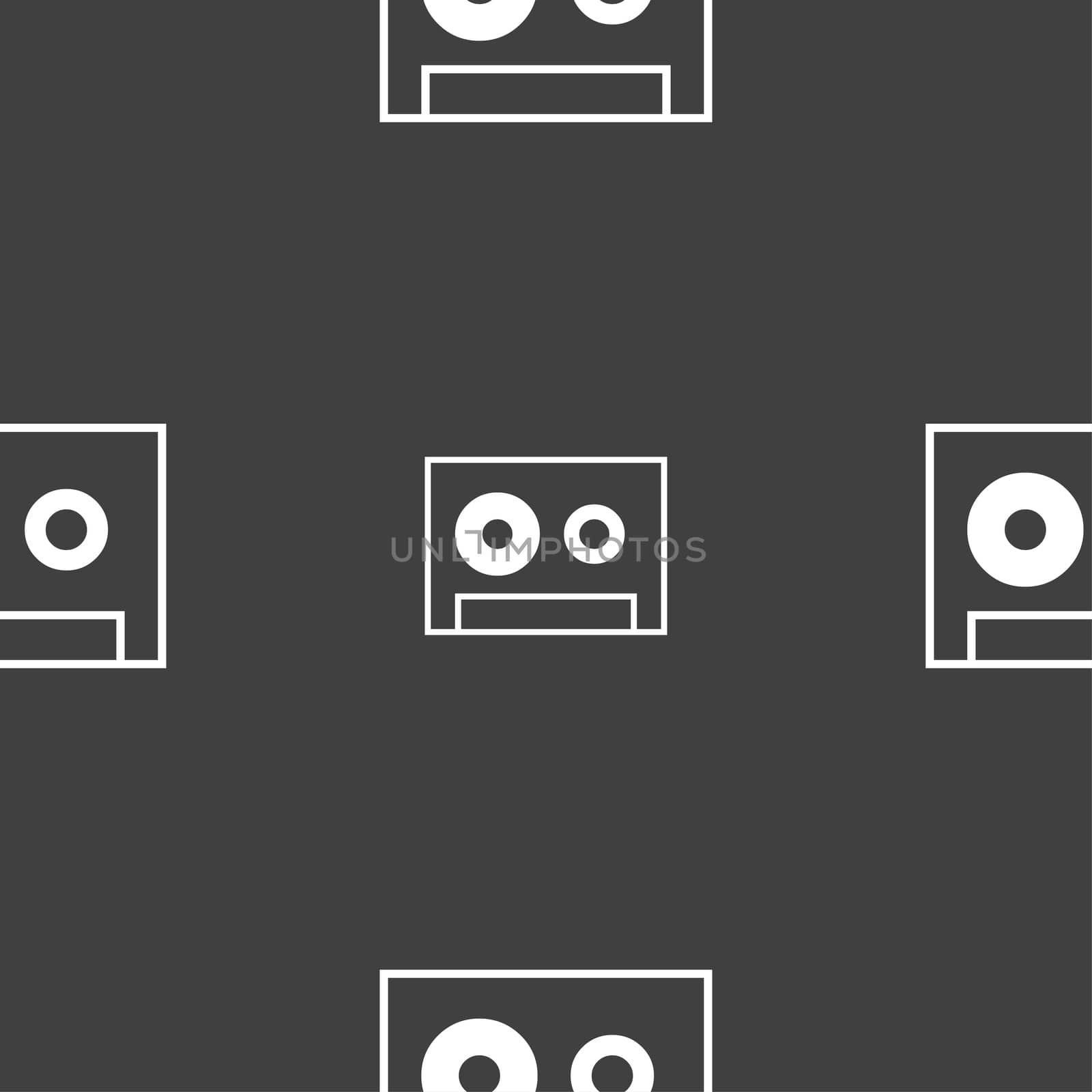 cassette sign icon. Audiocassette symbol. Seamless pattern on a gray background. illustration