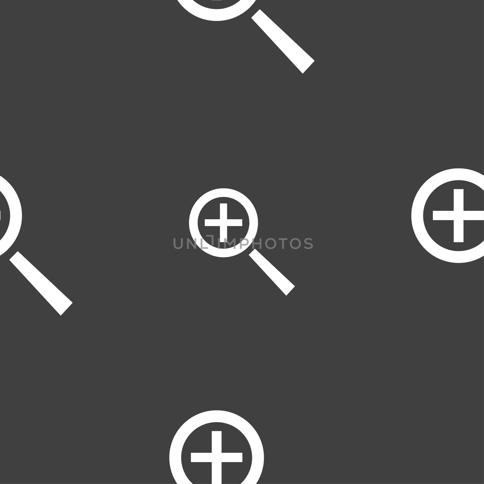 Magnifier glass, Zoom tool icon sign. Seamless pattern on a gray background.  by serhii_lohvyniuk