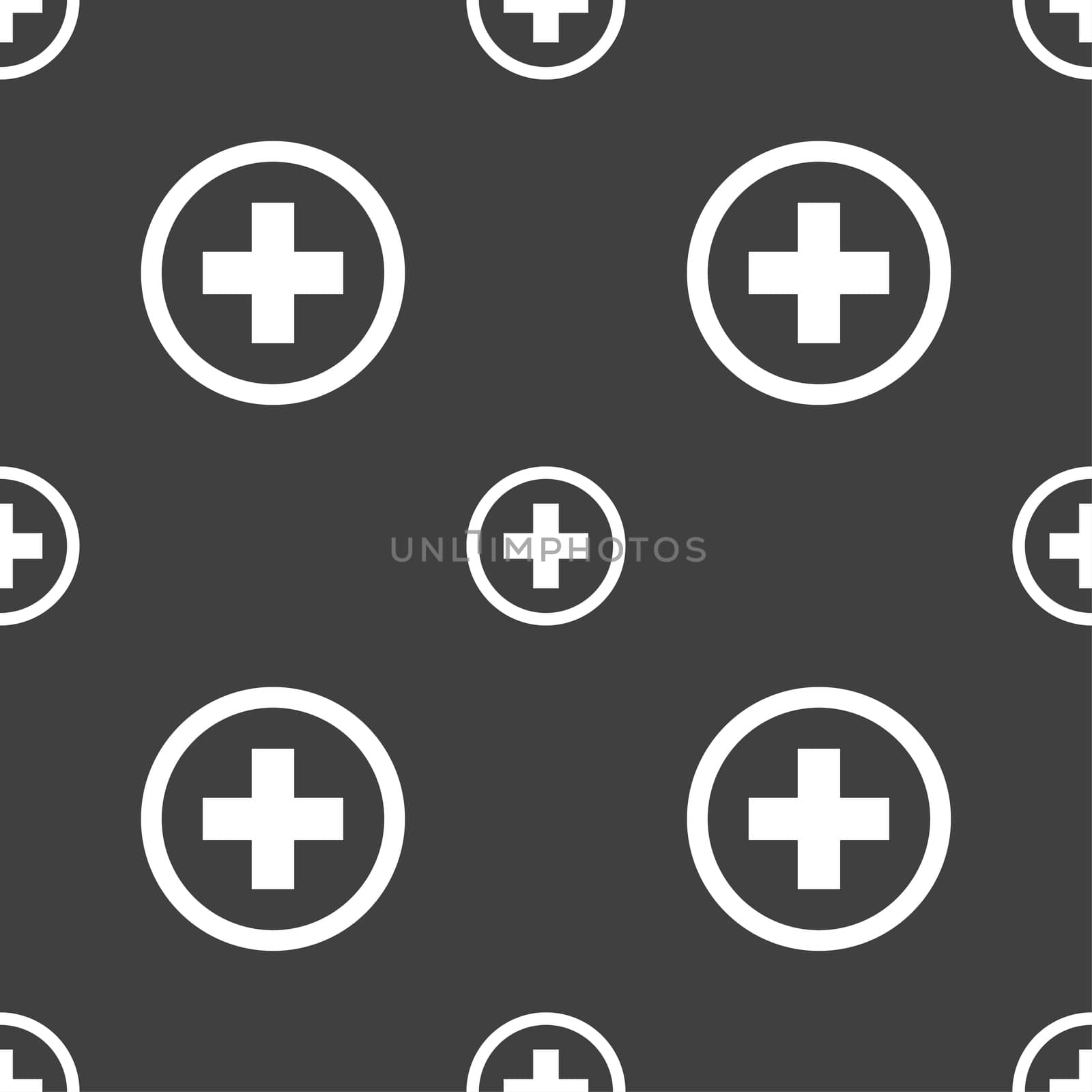 Plus sign icon. Positive symbol. Zoom in. Seamless pattern on a gray background. illustration