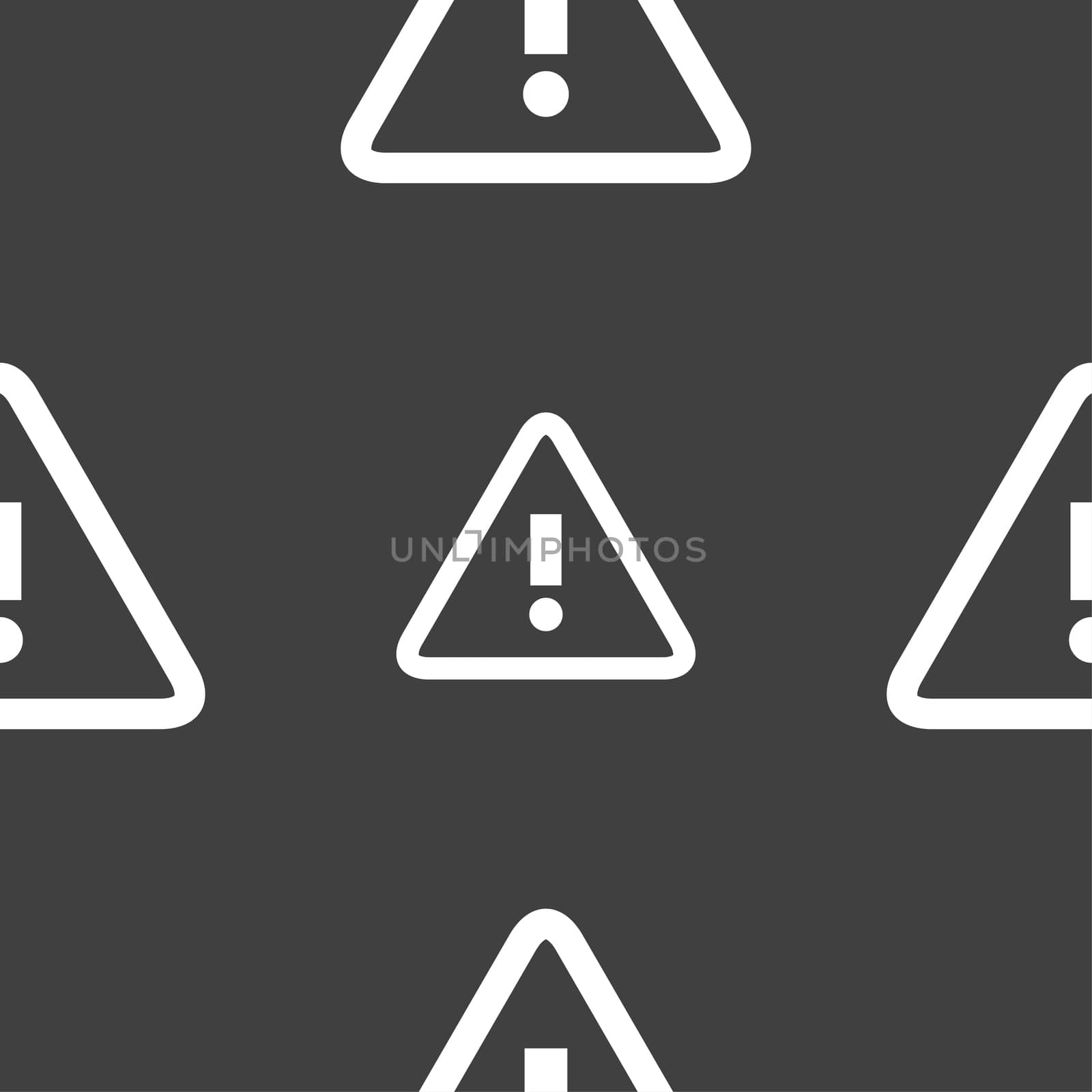 Attention caution sign icon. Exclamation mark. Hazard warning symbol. Seamless pattern on a gray background. illustration